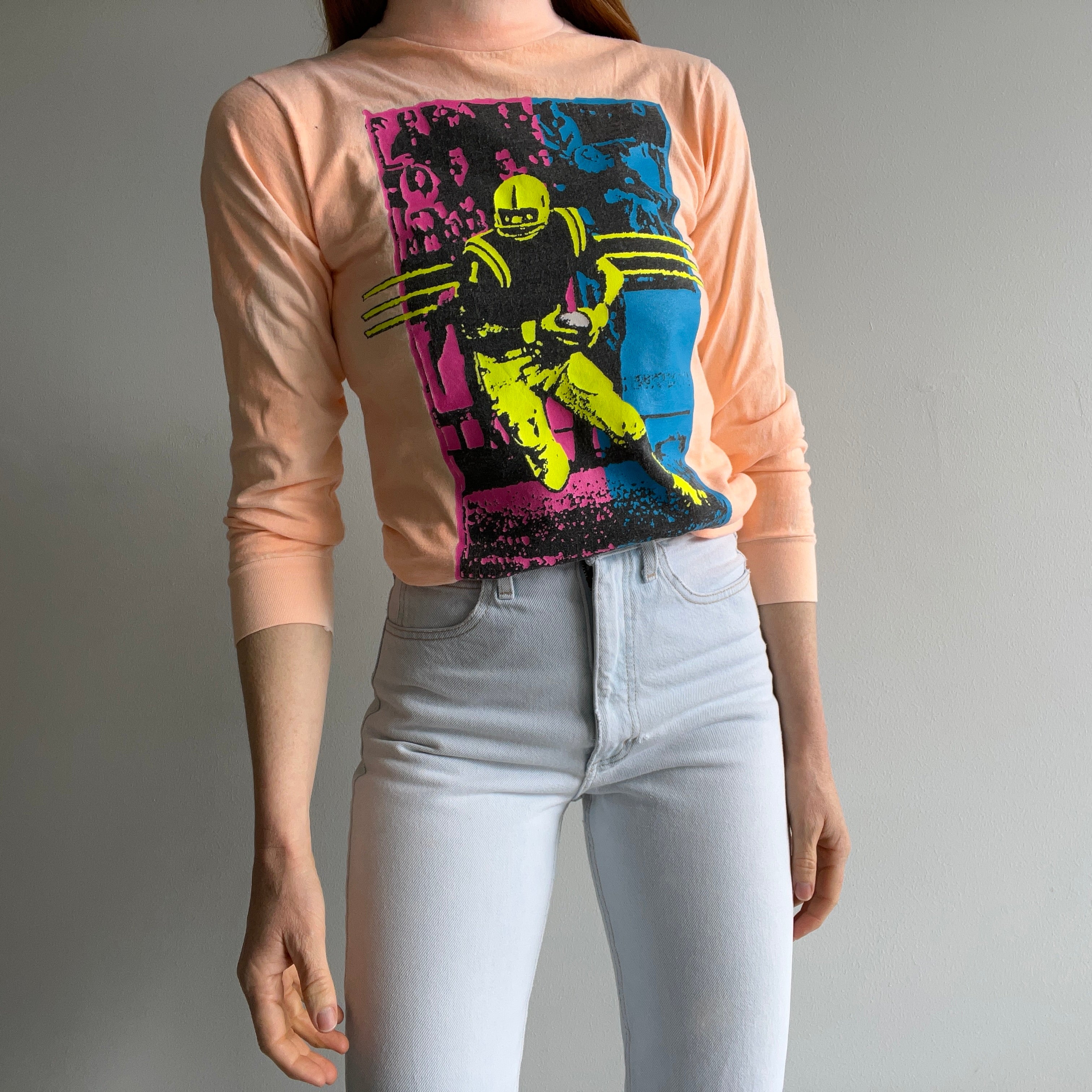 1990 Faded Neon Mock Neck Football Long Sleeve T-Shirt