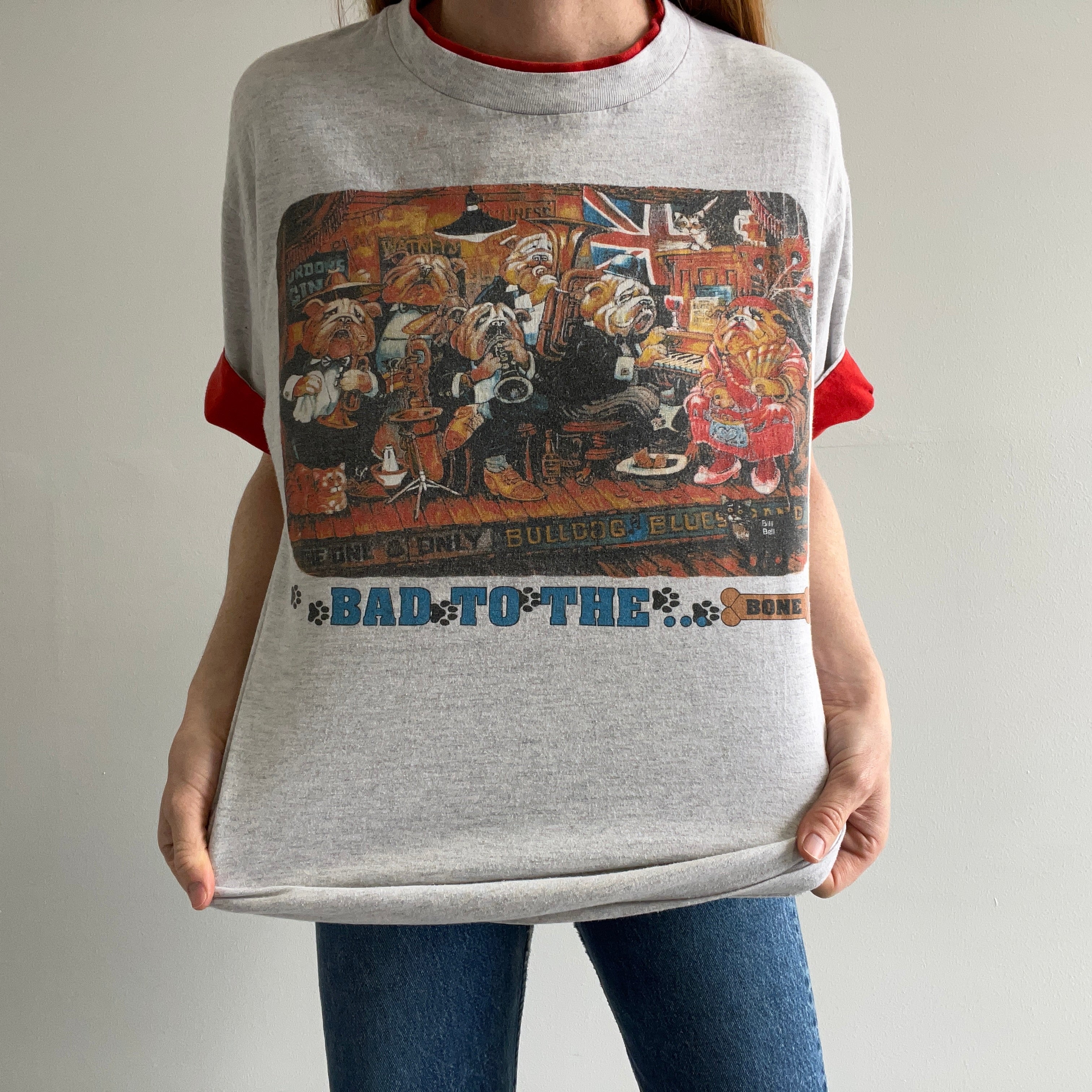 1980s Bad to the Bone Bulldog Color Block T-Shirt by Tee Jays