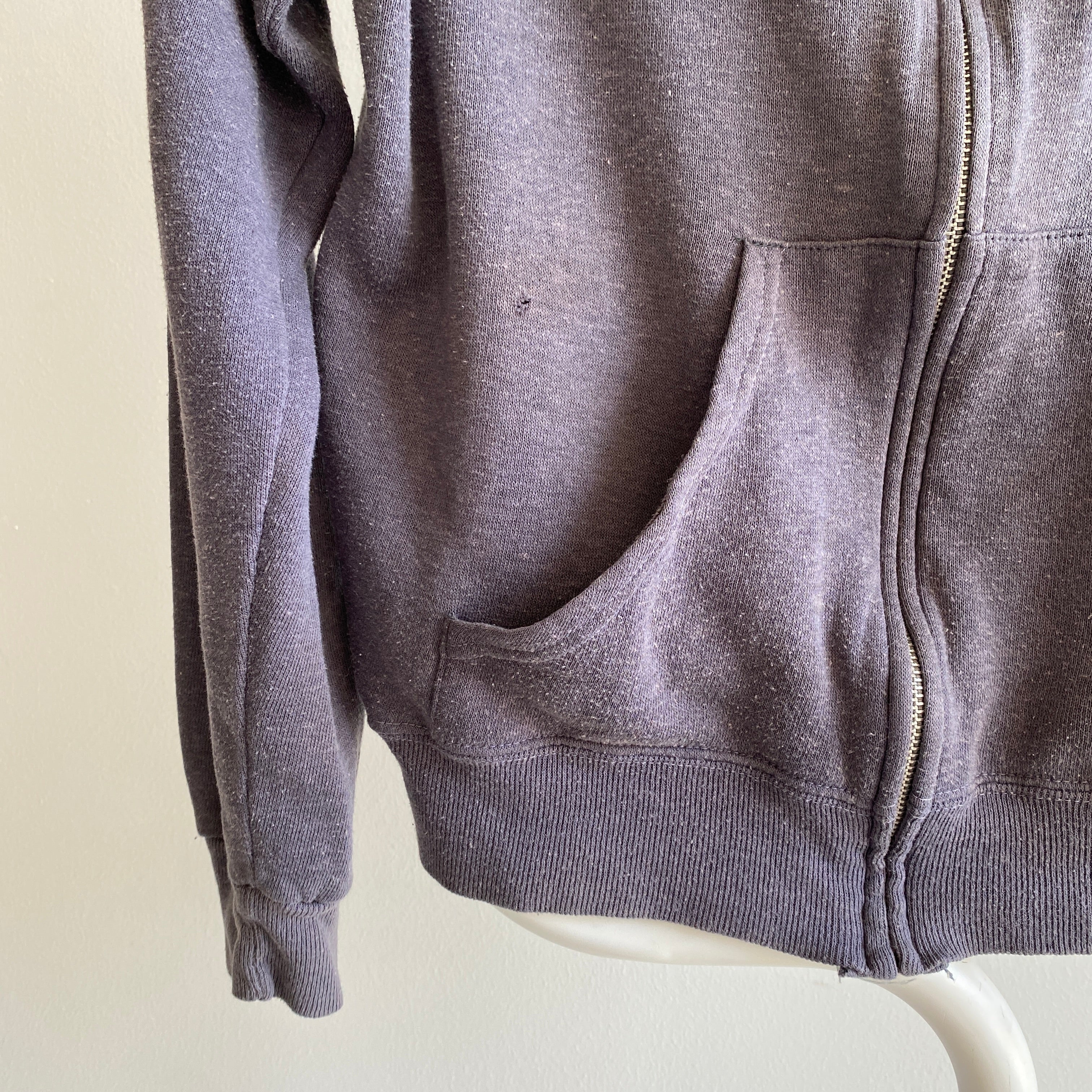 1970/80s Faded Blue/Gray Zip Up Hoodie with Belled Sleeves at Cuff - Swoon