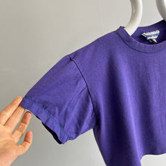 1980s Purple Cotton Pocket Crop Top with Contrast Stitching