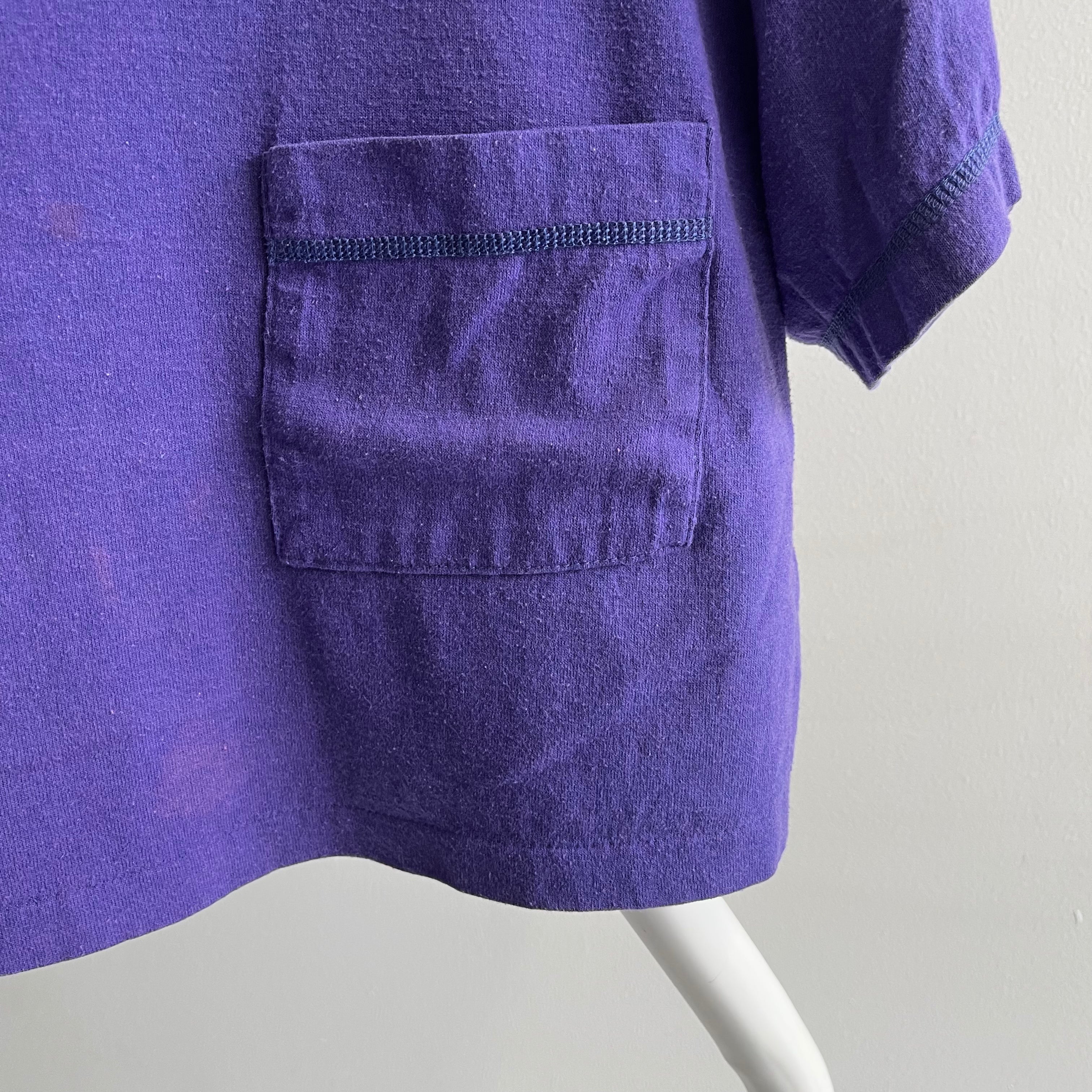 1980s Purple Cotton Pocket Crop Top with Contrast Stitching