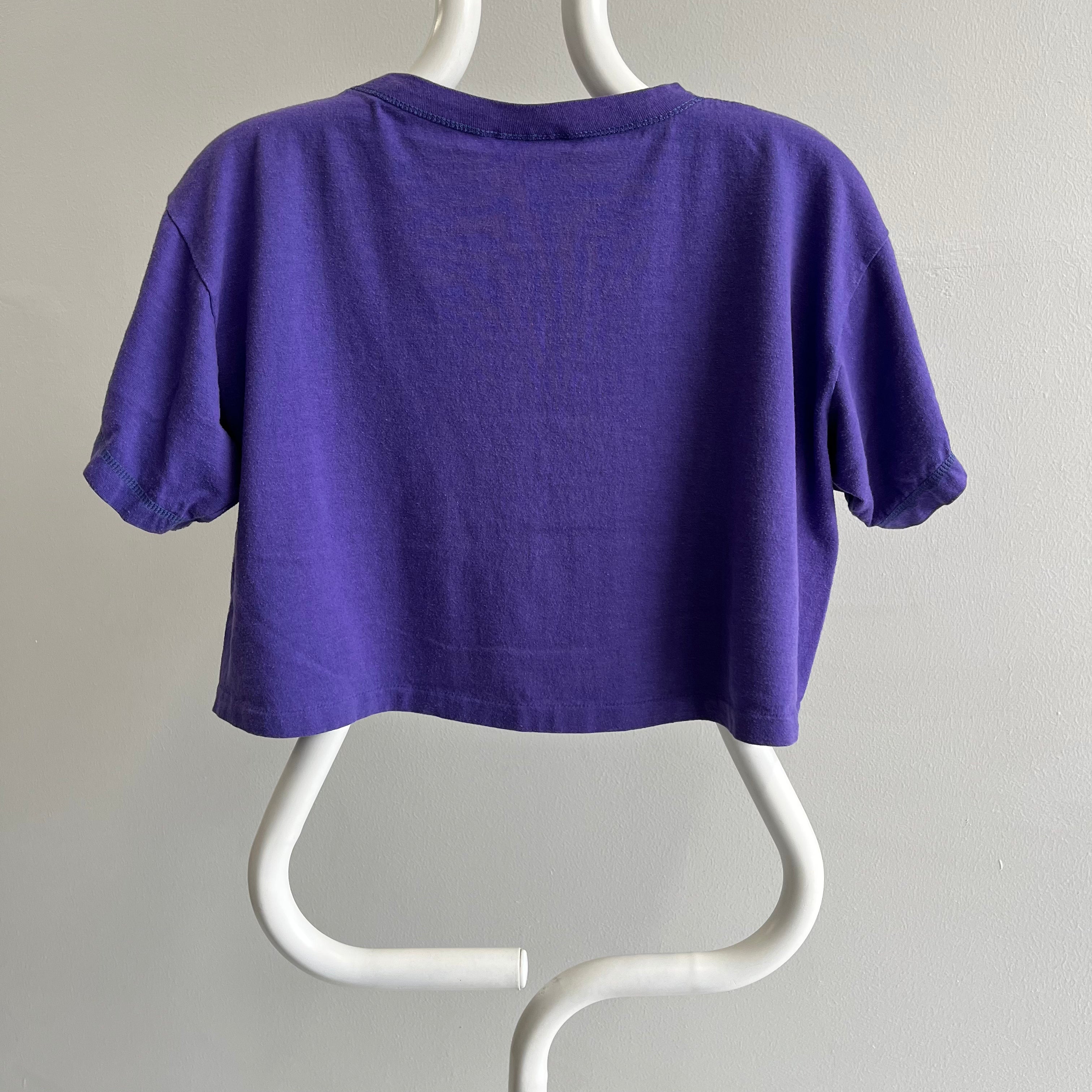 1980s Purple Cotton Pocket Crop Top with Contrast Stitching