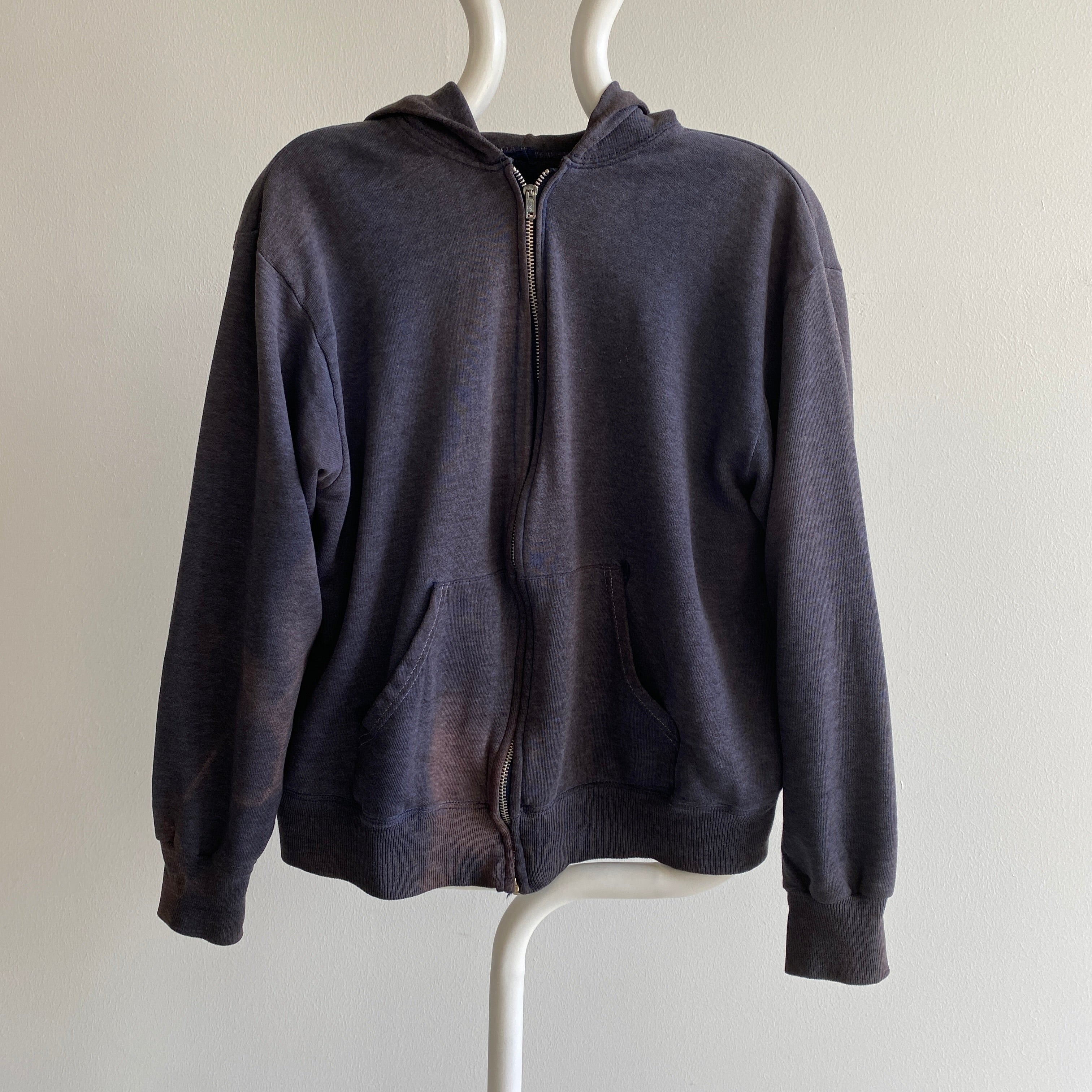 1970/80s EPIC Sun Faded Mended Super Soft and Slouchy Navy/Gray Zip Up Hoodie