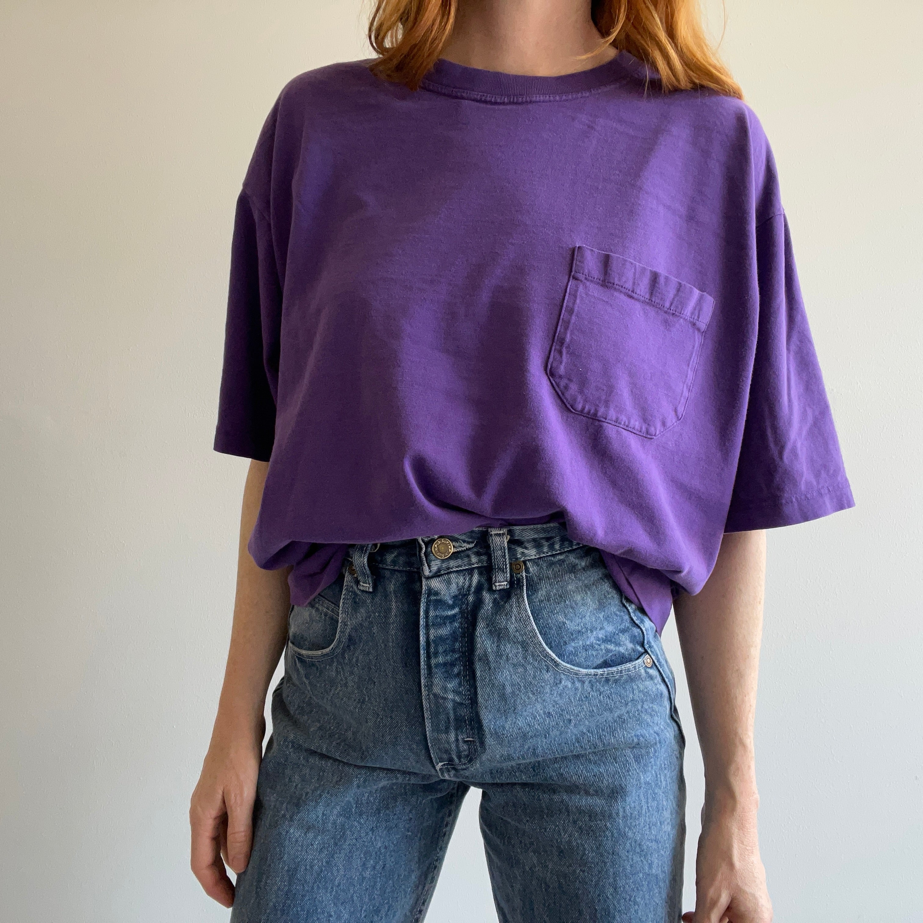 1990s Blank Purple USA Made Cotton Pocket T-Shirt