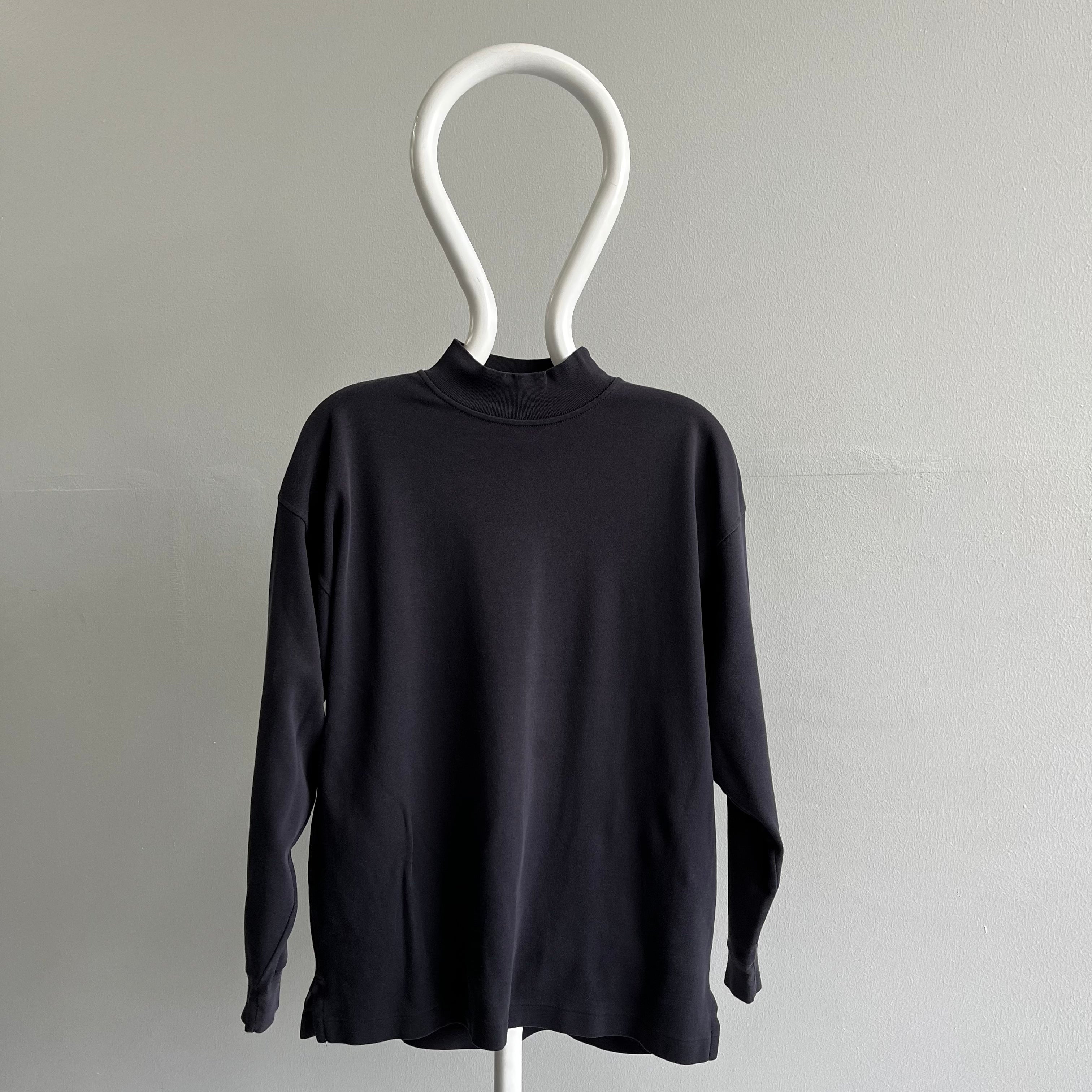 1990s Faded Blank Black Mock Neck Long Sleeve Jersey Knit