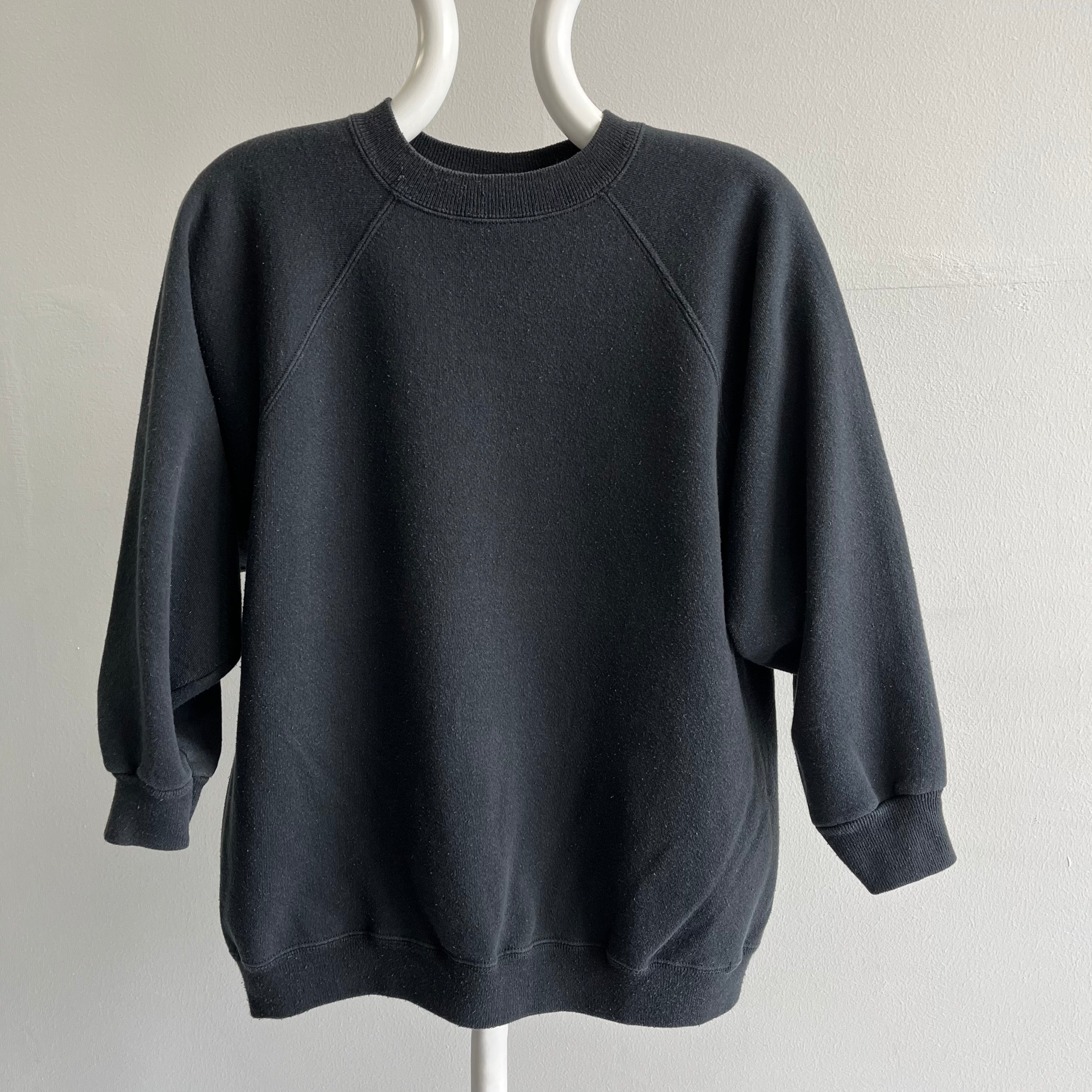 1980s Faded Blank Black Sweatshirt with 3/4 Sleeves