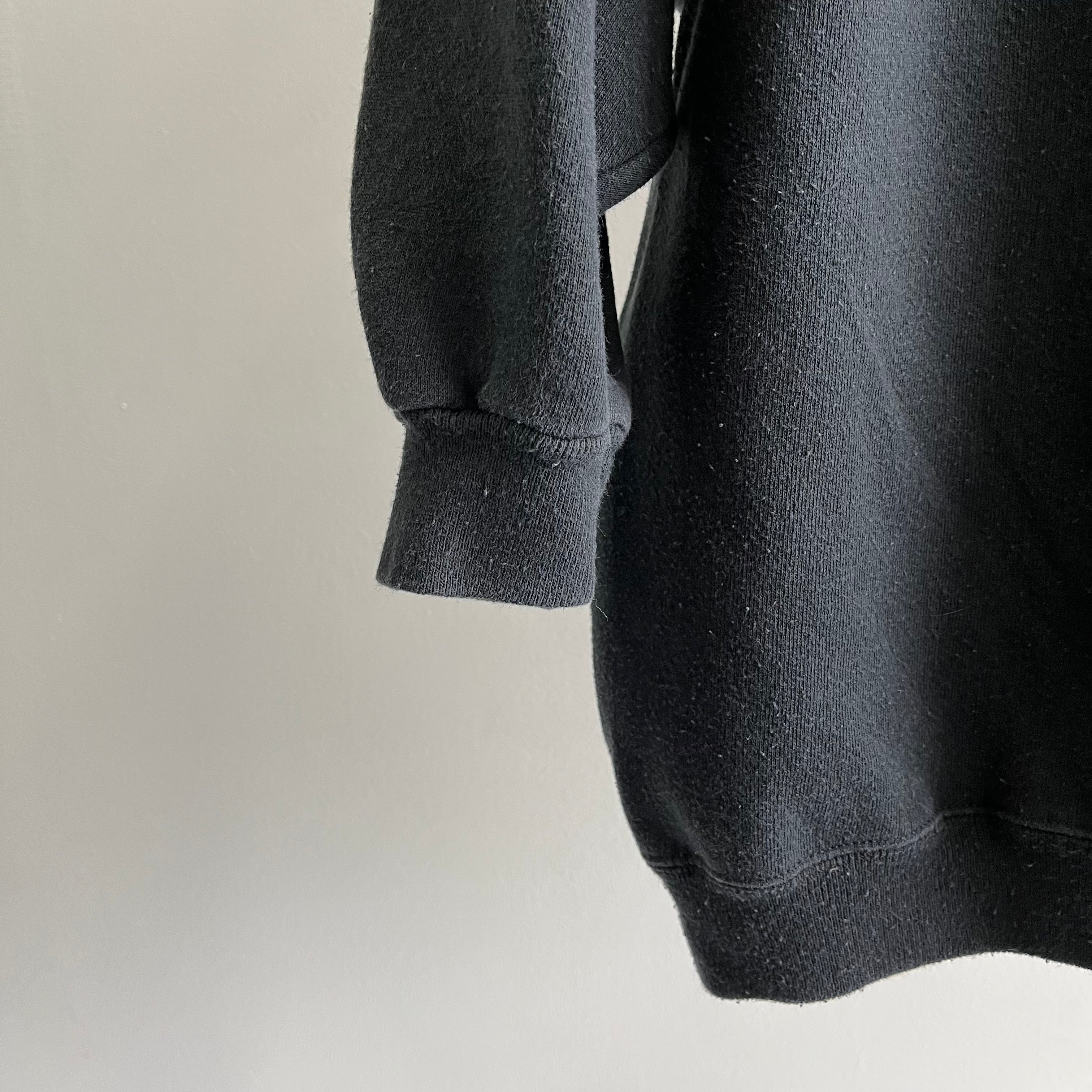 Sweat-shirt noir vierge délavé des années 1980 avec manches 3/4