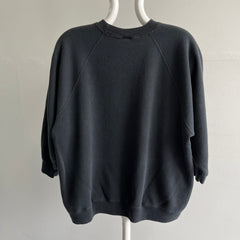 Sweat-shirt noir vierge délavé des années 1980 avec manches 3/4