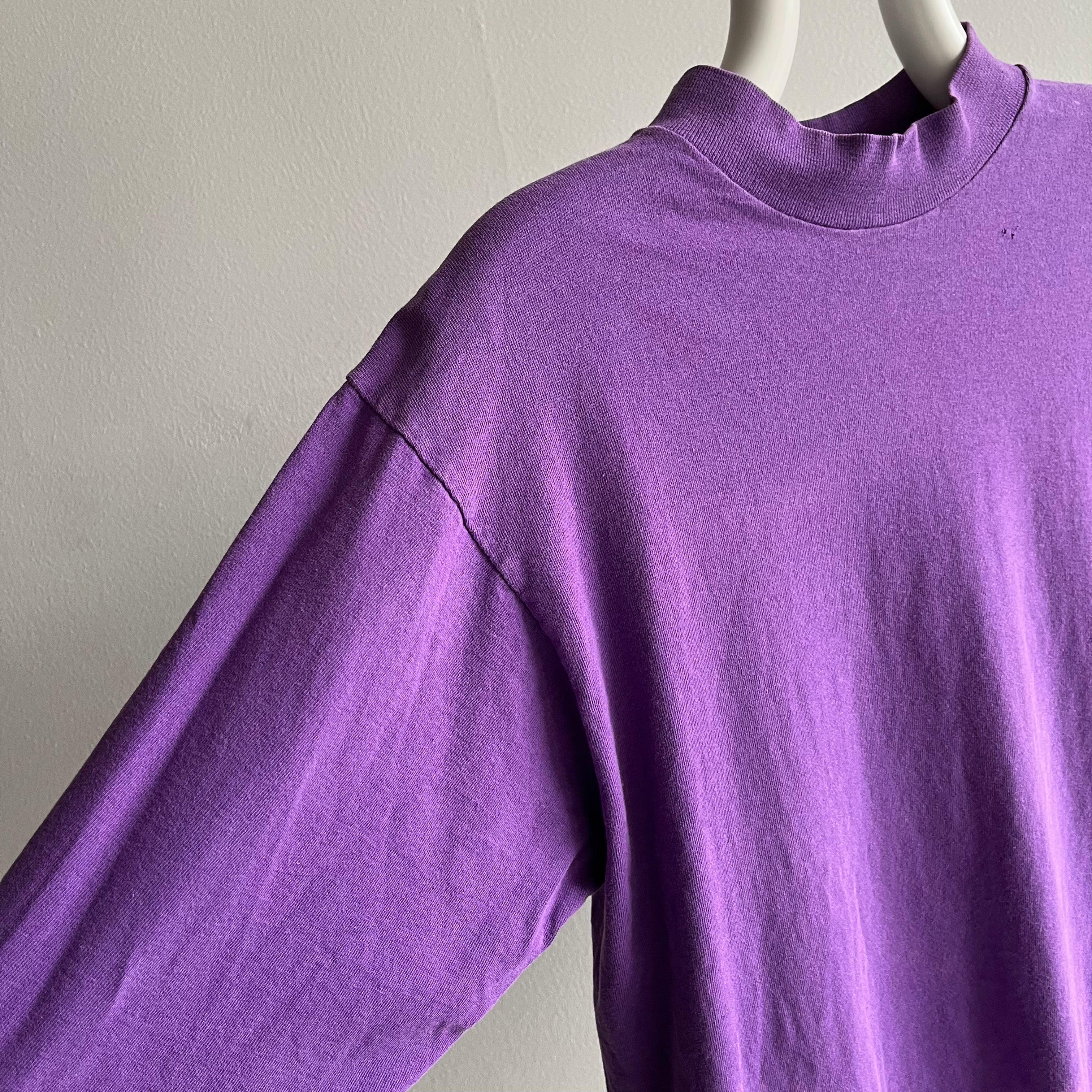 1980s Faded Purple Mock Neck Long Sleeve T-Shirt by FOTL