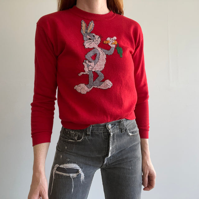 1980s OMG DIY Bugs Bunny Needlepoint Smaller Sweatshirt - WOAH