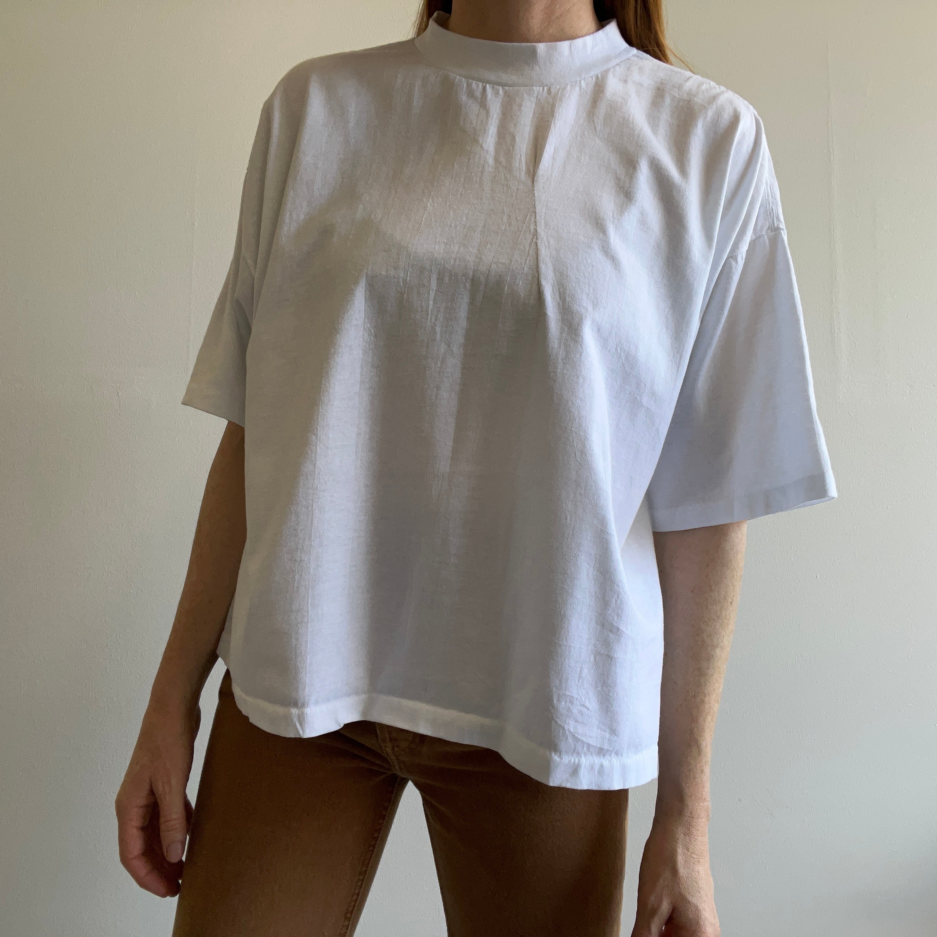 GG 1990s White Mock Neck Boxy Crop with Mending - Unusual and CooL!