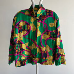 1980/90s Saks Fifth Avenue Fancy Silk Buttoned Jacket with Shoulder Pads and Pockets - WOW
