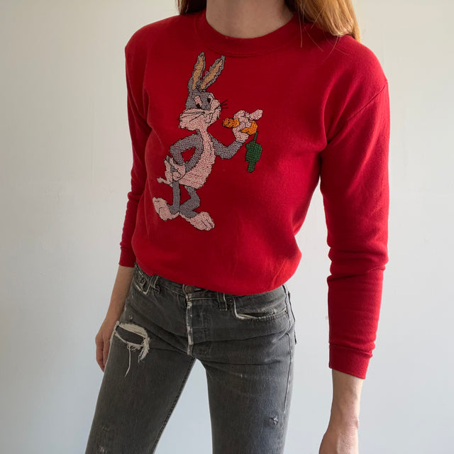 1980s OMG DIY Bugs Bunny Needlepoint Smaller Sweatshirt - WOAH