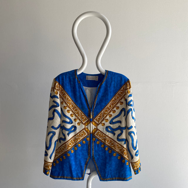 Veste zippée en soie collante fantaisie à col en V des années 1980