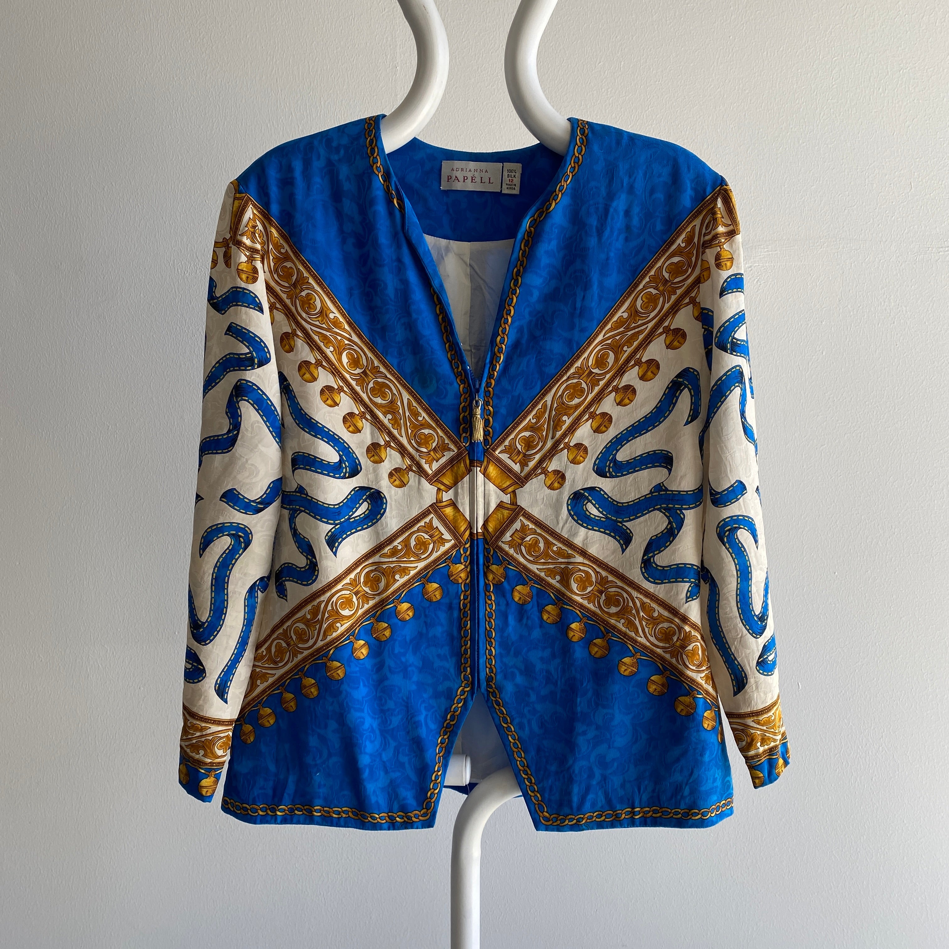 1980s V-Neck Fancy Tacky Silk Zip Up Jacket