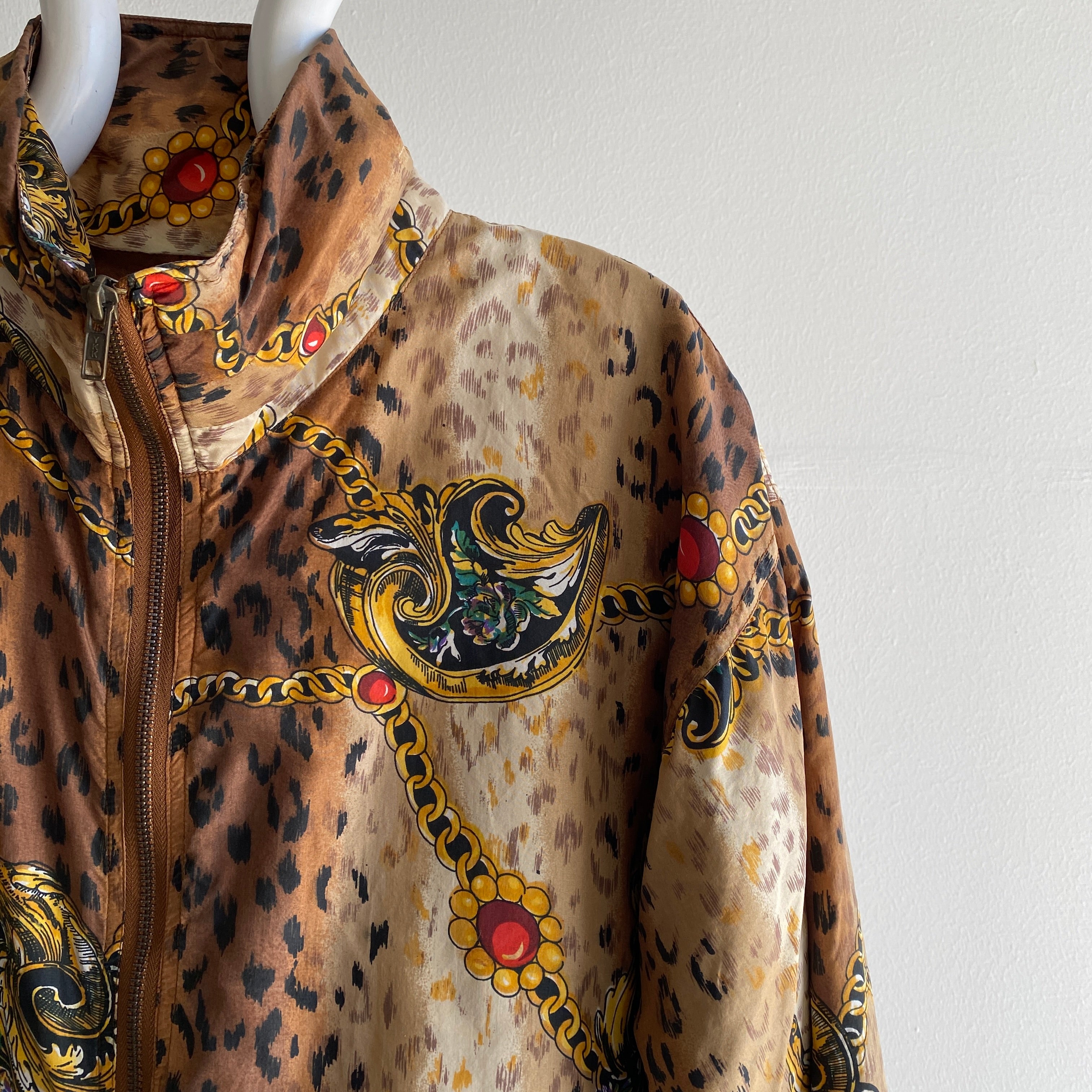 1980s Silk Fancy Animal Print and Bling Zip Up Jacket
