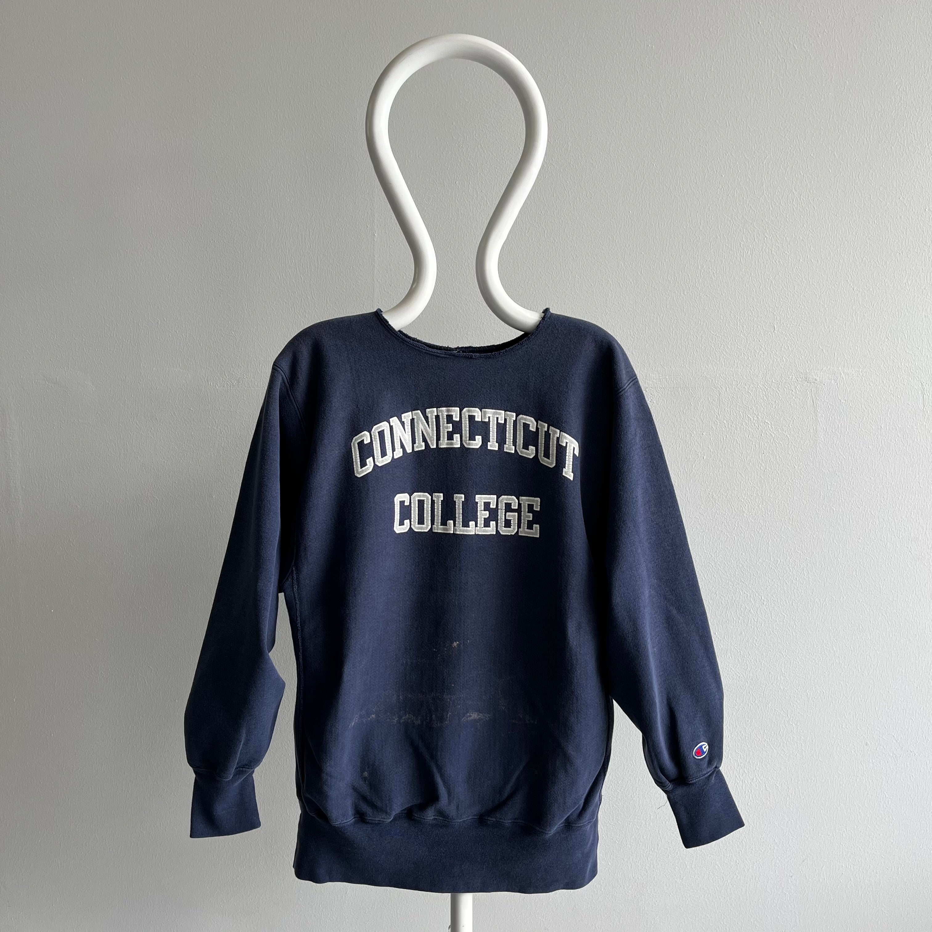 1980/90s Connecticut College Bleach Stained Reverse Weave/Cut Neck Champion Sweatshirt
