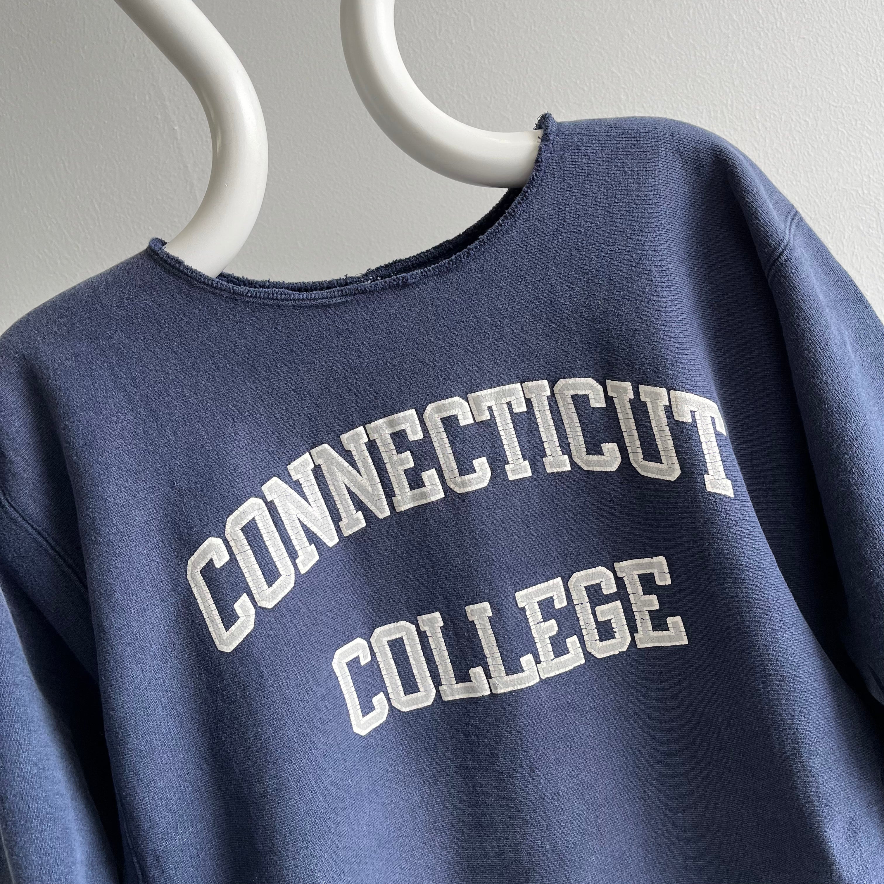 1980/90s Connecticut College Bleach Stained Reverse Weave/Cut Neck Champion Sweatshirt