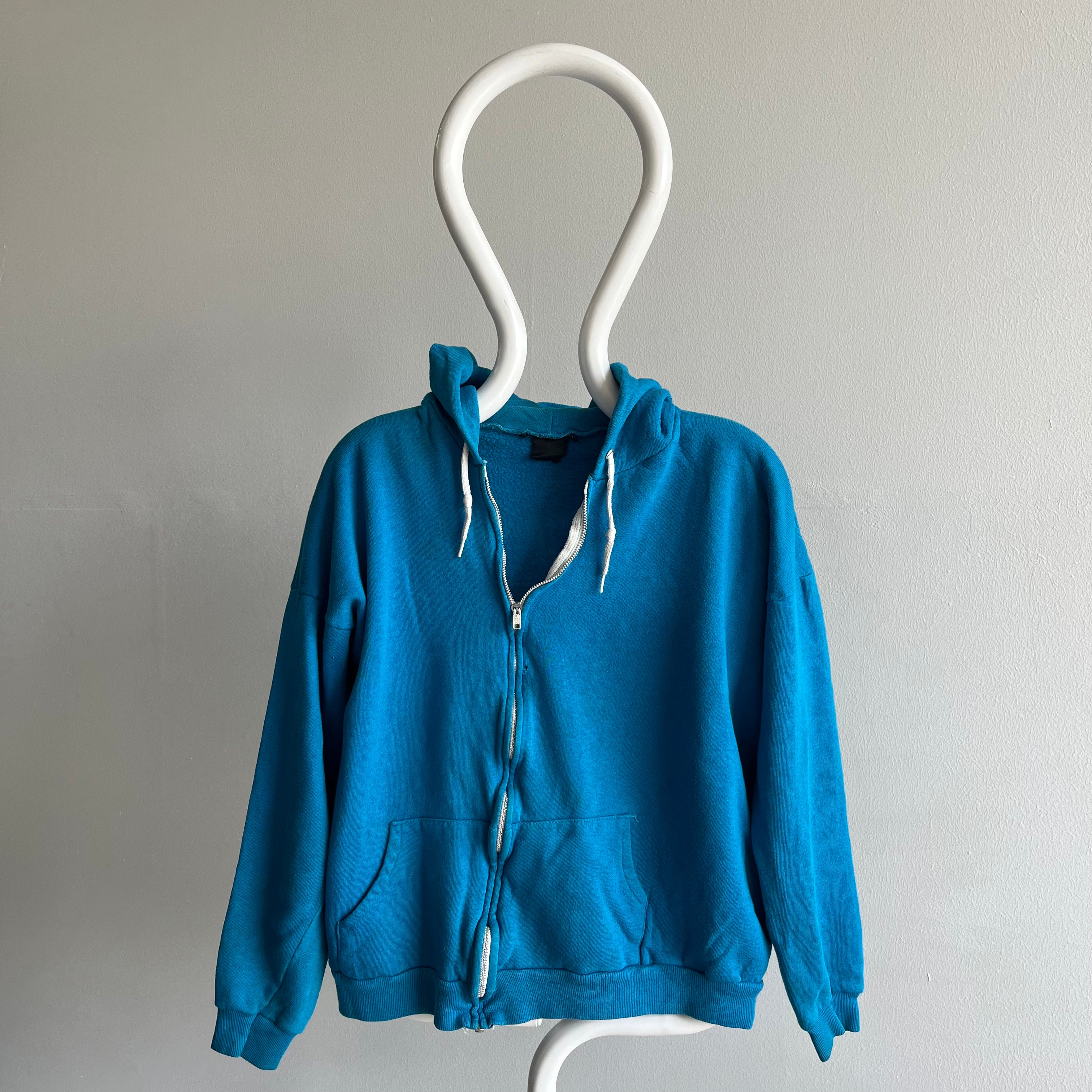 1980s Stained Turquoise Zip Up Hoodie