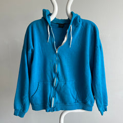 1980s Stained Turquoise Zip Up Hoodie