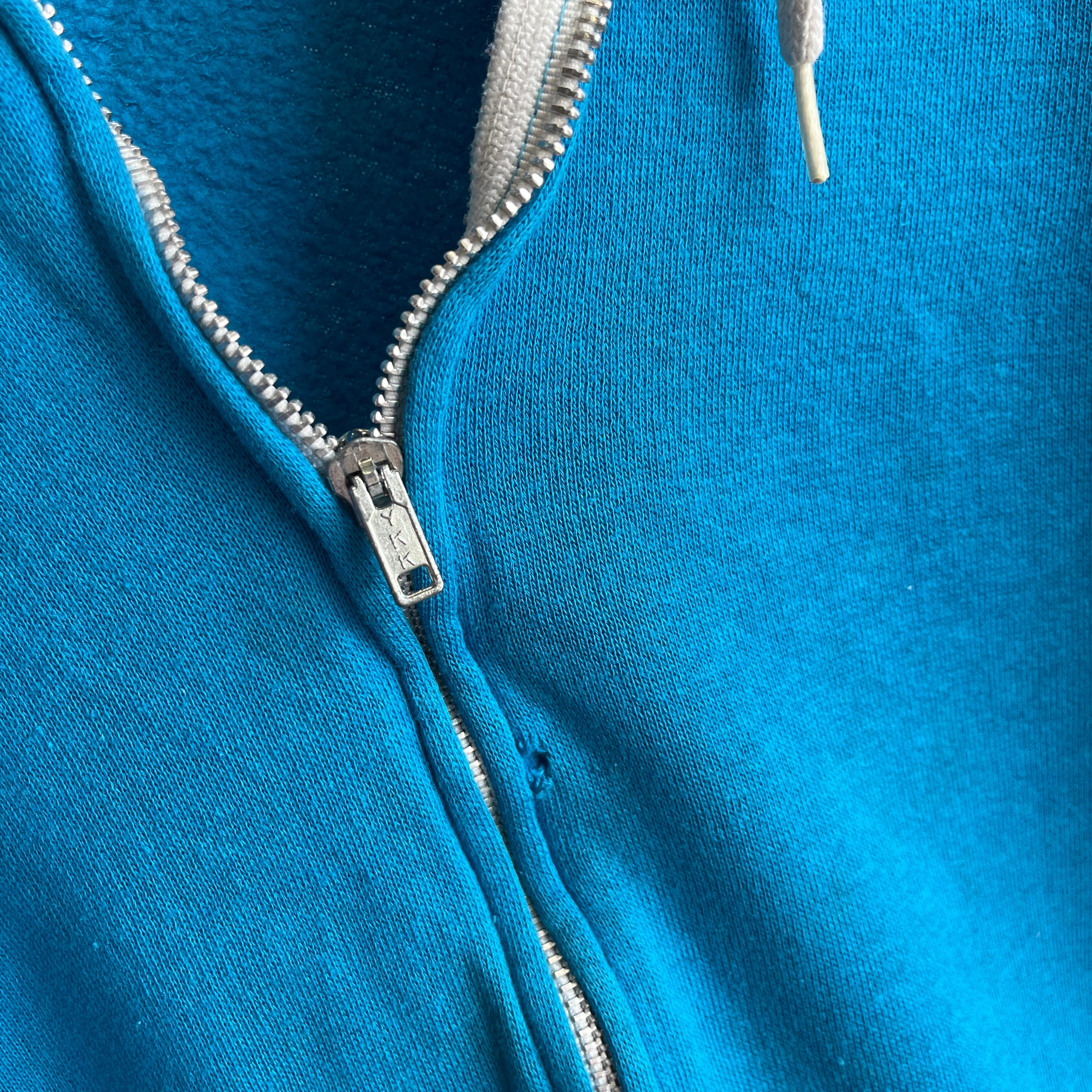 1980s Stained Turquoise Zip Up Hoodie