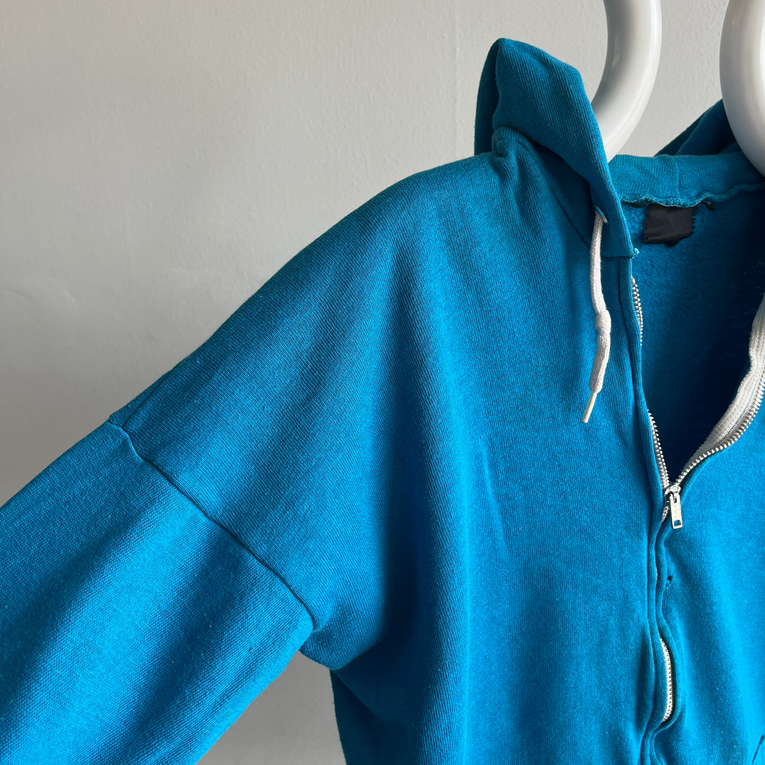 1980s Stained Turquoise Zip Up Hoodie