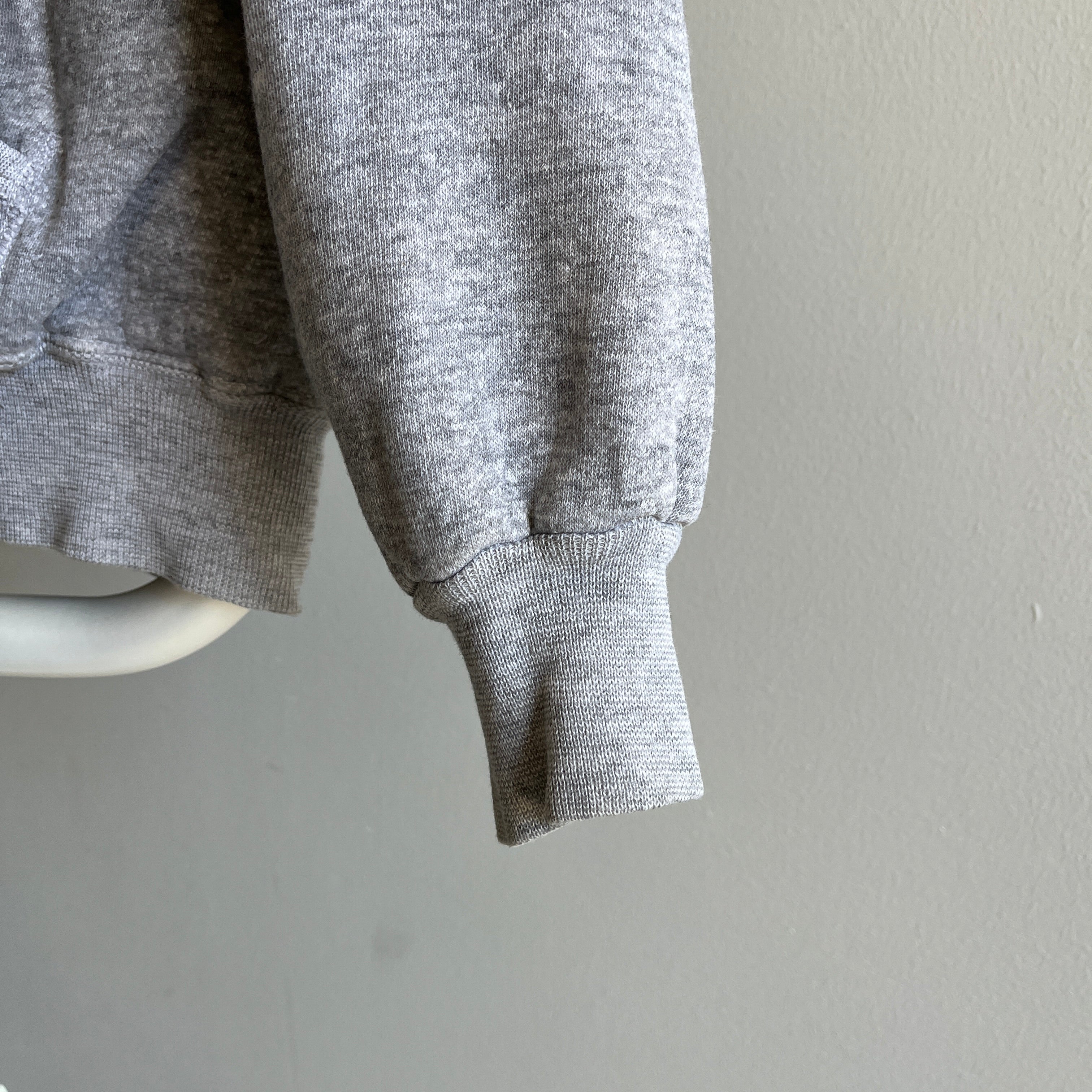 Sweat à capuche zippé gris en coton thermique des années 1970 avec patch !