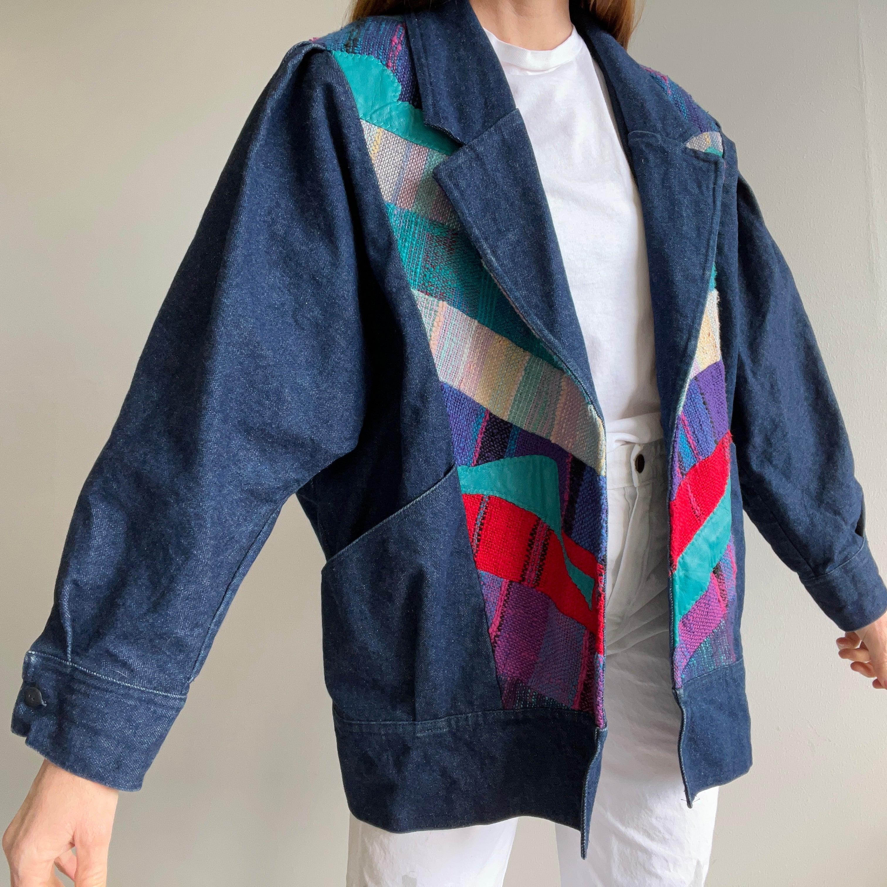 1980s Handmade One-Of-A-Kind Denim and Leather Puffer Sleeve