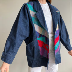 Veste en jean à manches bouffantes en cuir et en denim unique faite à la main des années 1980 - WOWZA