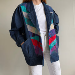 1980s Handmade One-Of-A-Kind Denim and Leather Puffer Sleeve Jean Jacket - WOWZA