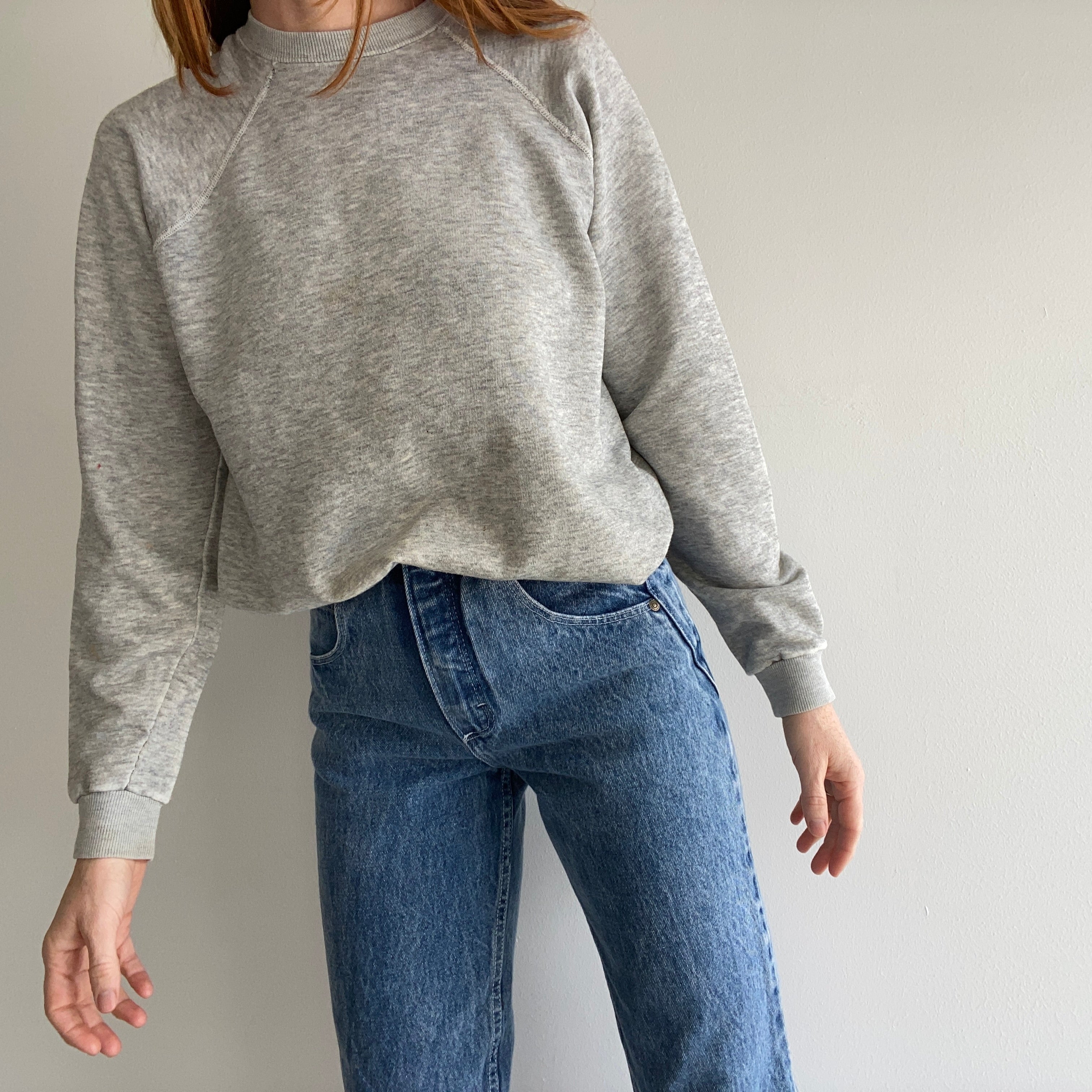 1970/80s Super Thrashed Mended Paper Thin Blank Grey Sweatshirt