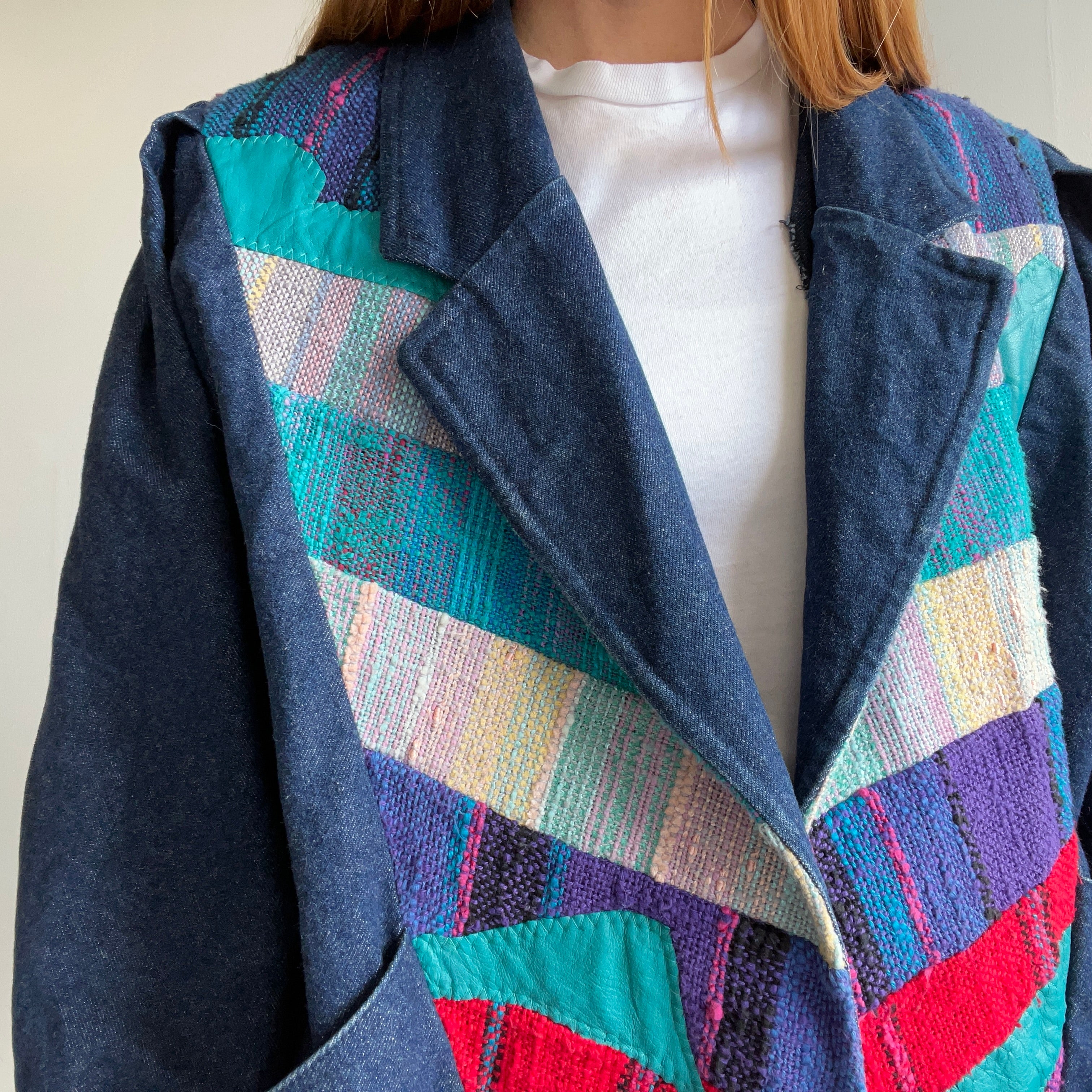 1980s Handmade One-Of-A-Kind Denim and Leather Puffer Sleeve Jean Jacket - WOWZA