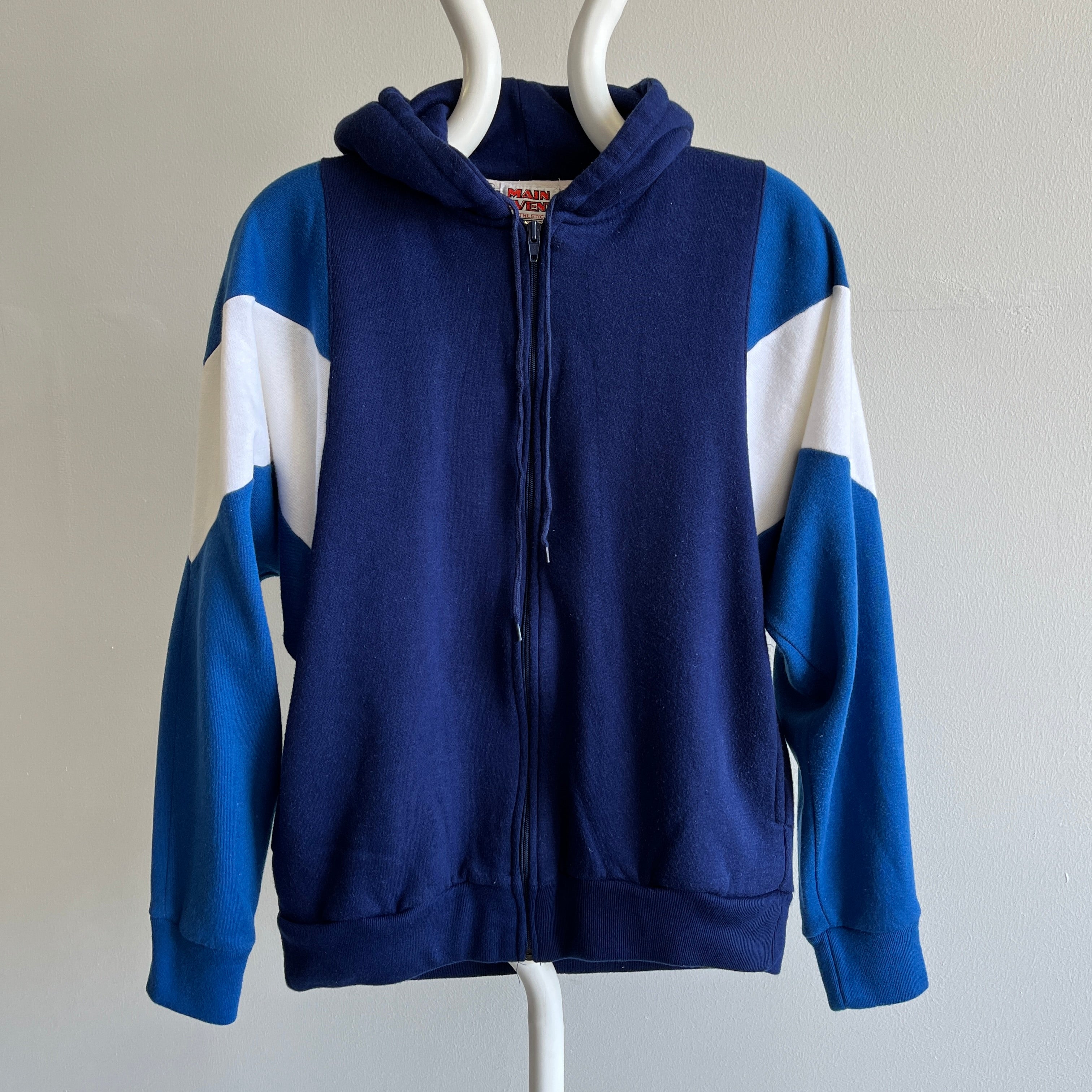 Sweat à capuche zippé super doux à manches dolman et blocs de couleurs des années 1980