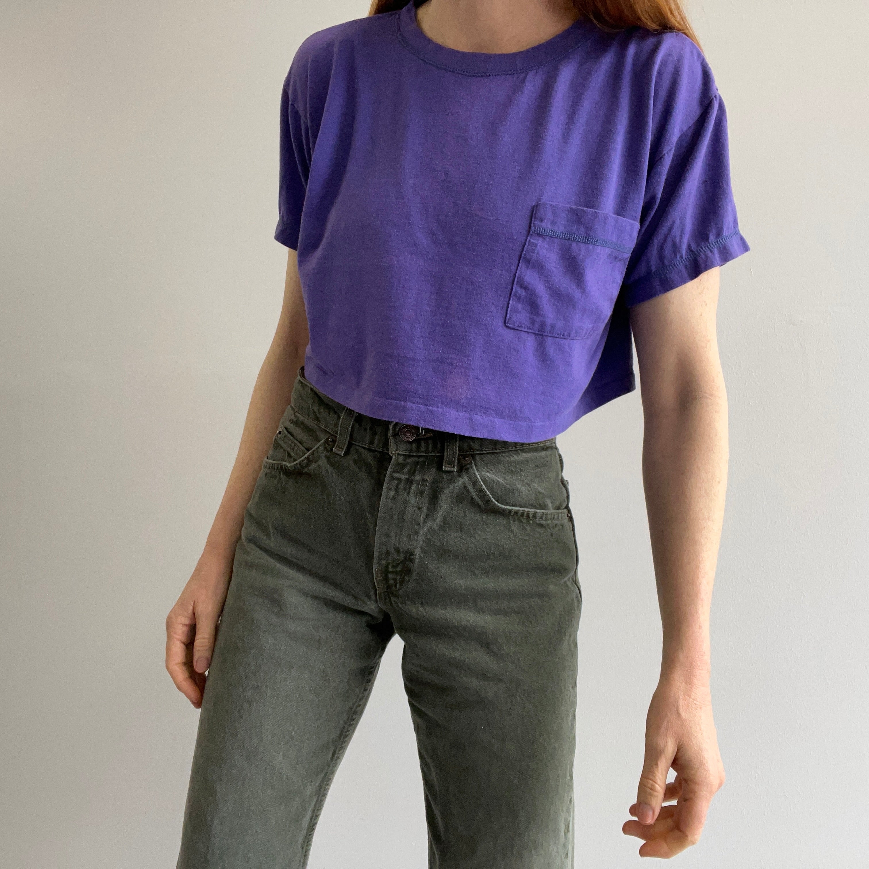 1980s Purple Cotton Pocket Crop Top with Contrast Stitching