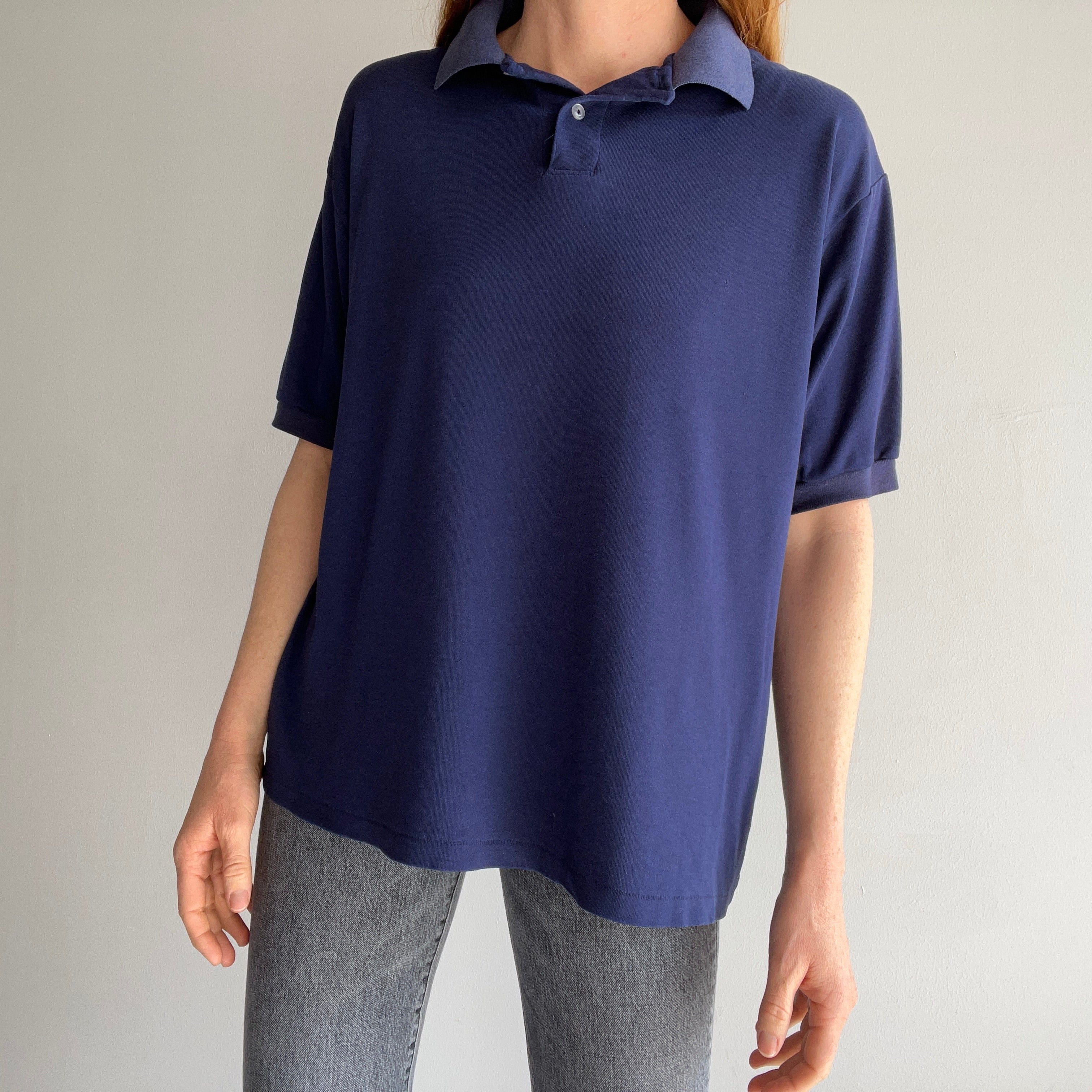 1990s Blank Navy Polo Shirt - Soft Jersey