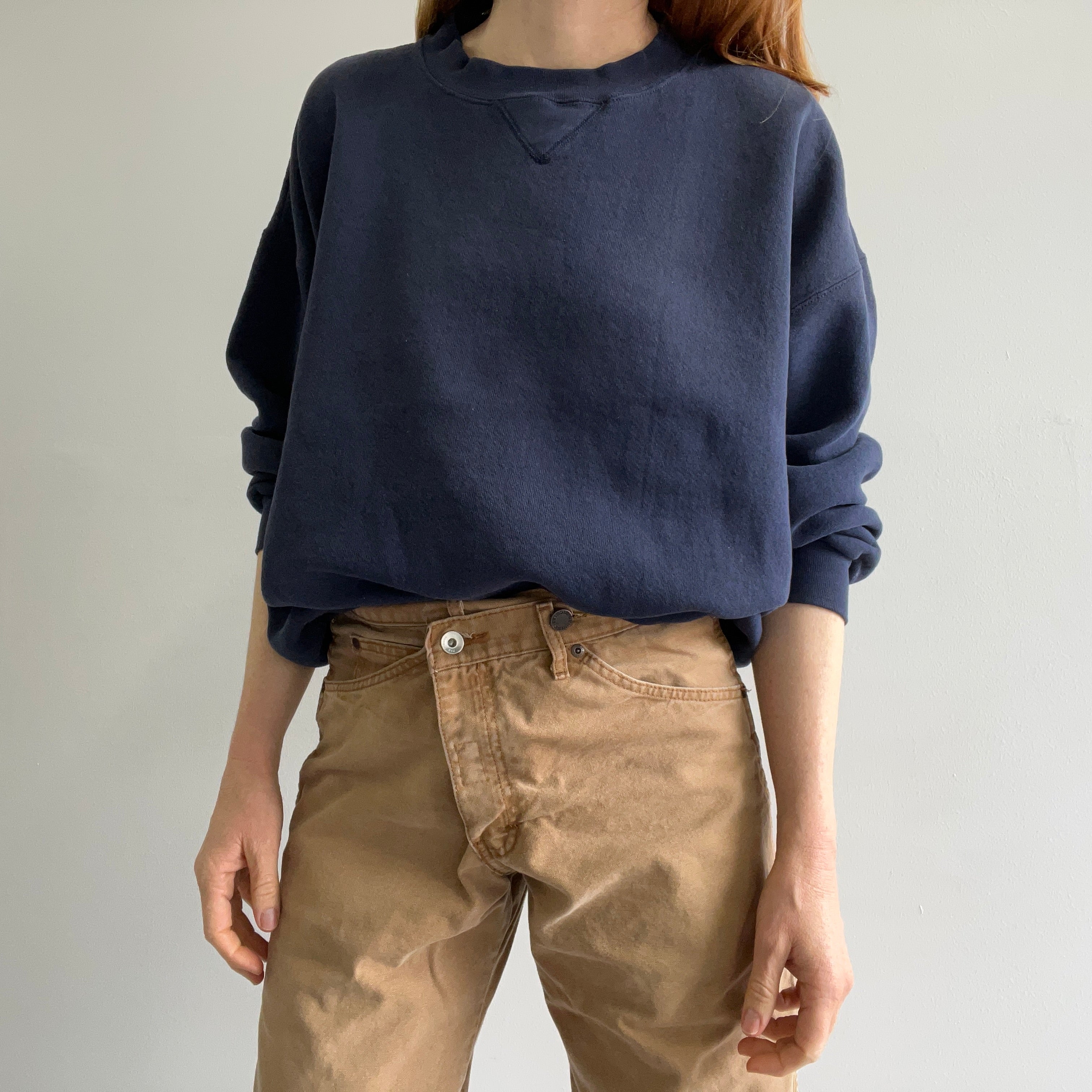 1990s Faded Blank Navy Single Gusset Oversized Sweatshirt by Discus