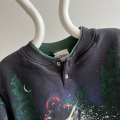 1980s Snow Mobile Painted Wrap Around Medium Weight Henley Sweatshirt WITH Pockets!