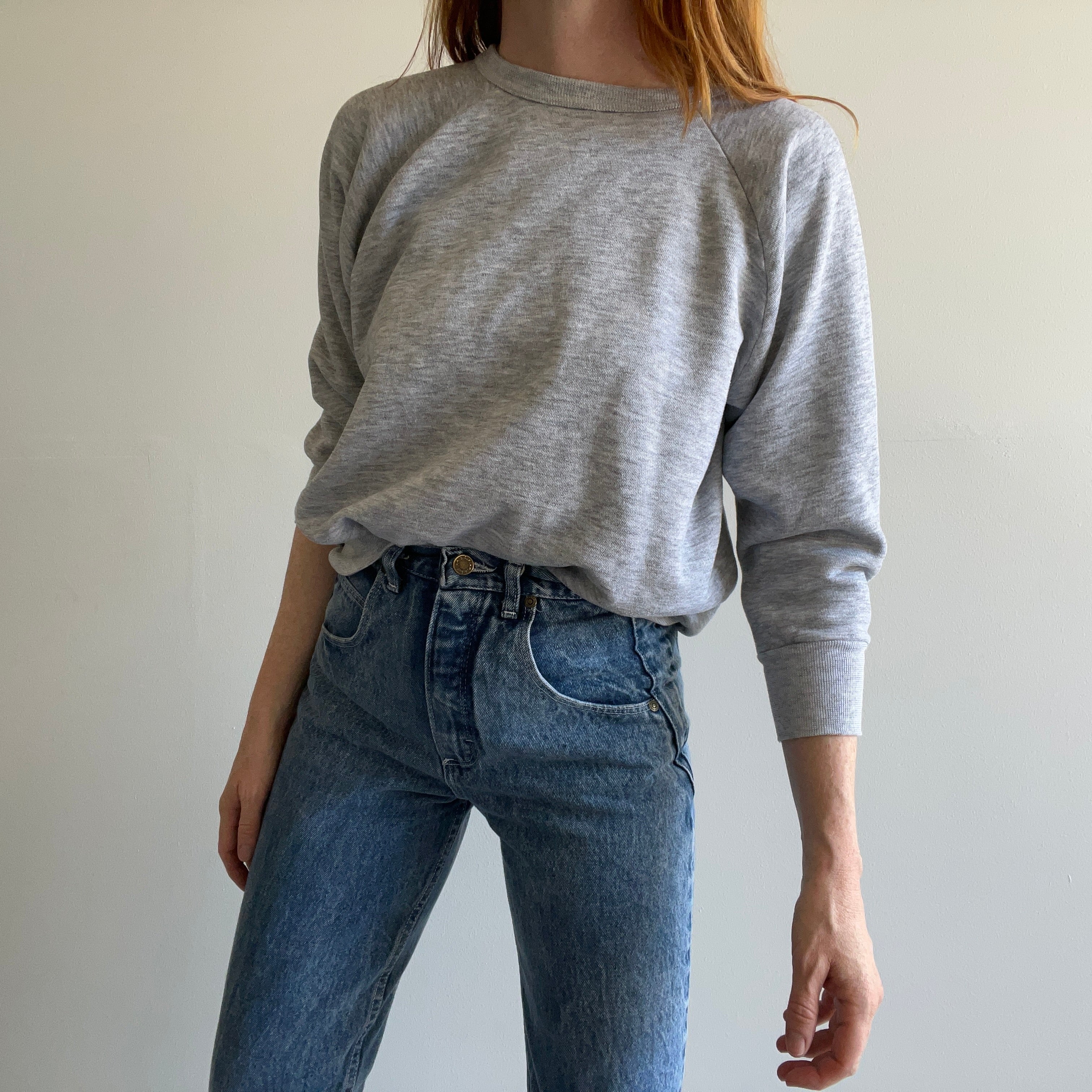 1970s Rolled Neck Blank Gray Raglan Sweatshirt - Dreamy