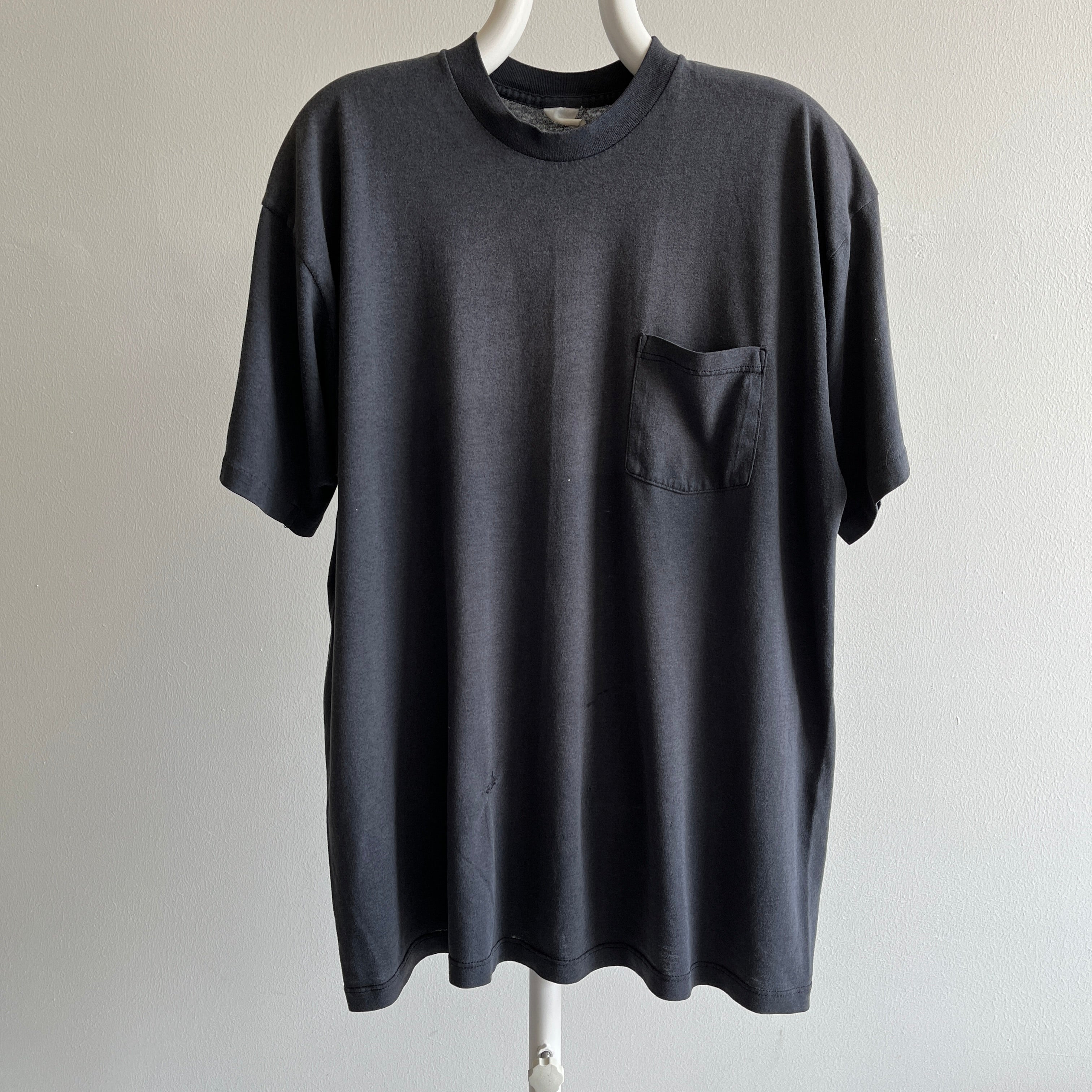 1980s EPIIIIIC Blank Black Faded and Thin 50/50 Pocket T-Shirt (The Brand) with Mending