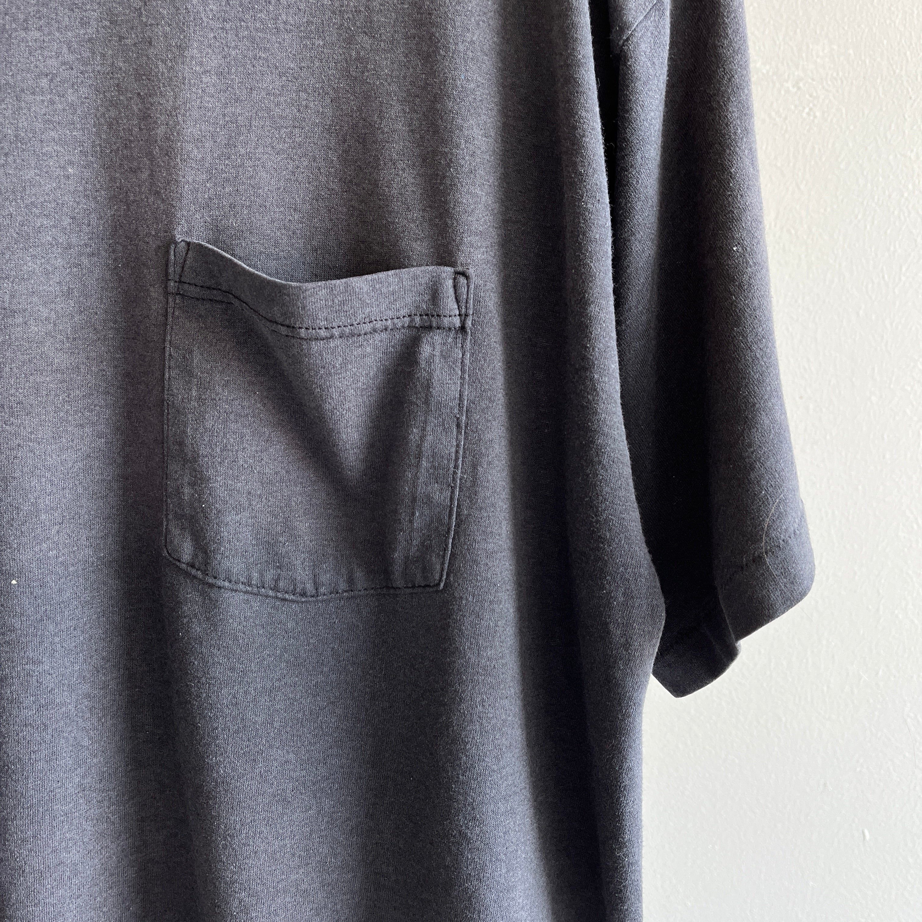 1980s EPIIIIIC Blank Black Faded and Thin 50/50 Pocket T-Shirt (The Brand) with Mending