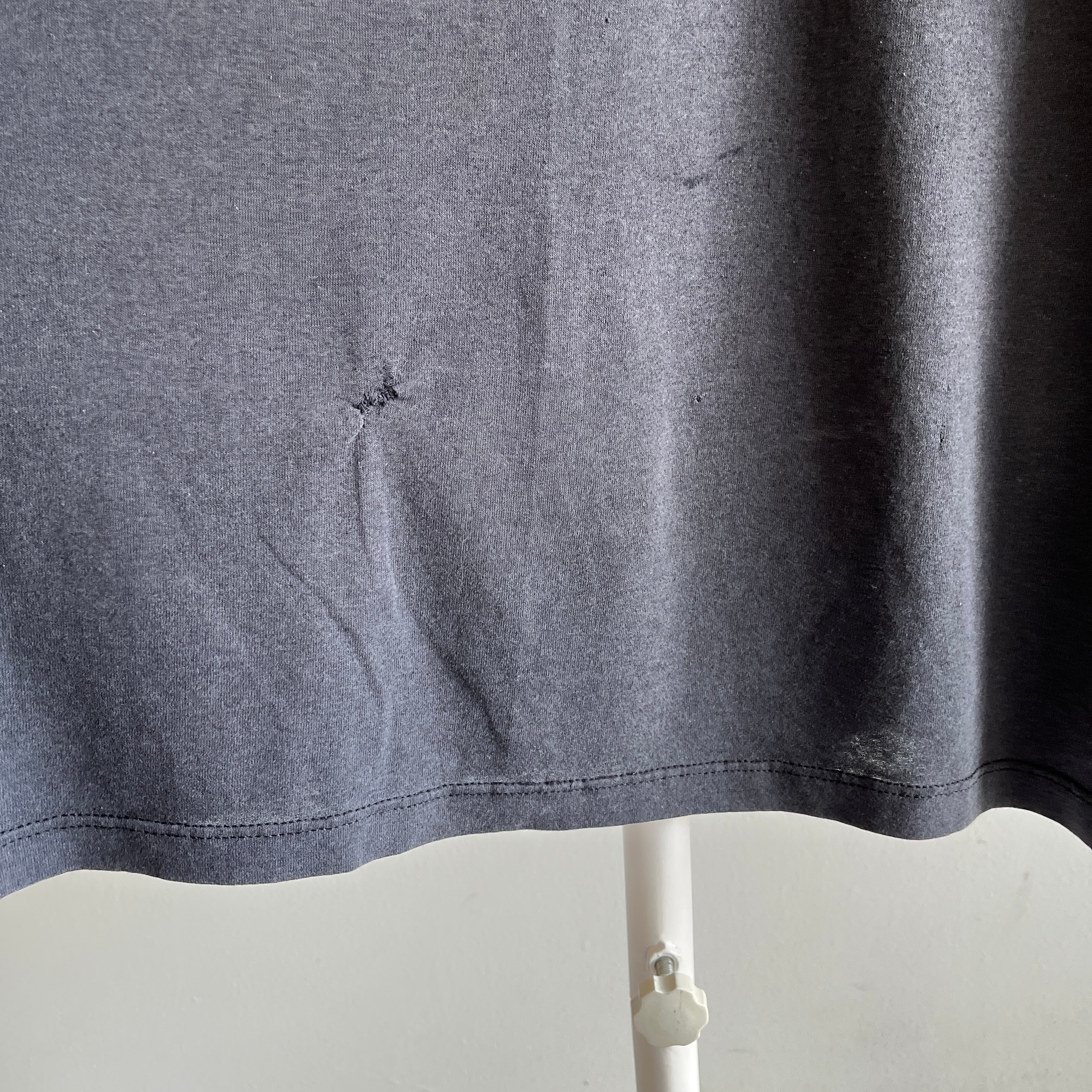 1980s EPIIIIIC Blank Black Faded and Thin 50/50 Pocket T-Shirt (The Brand) with Mending