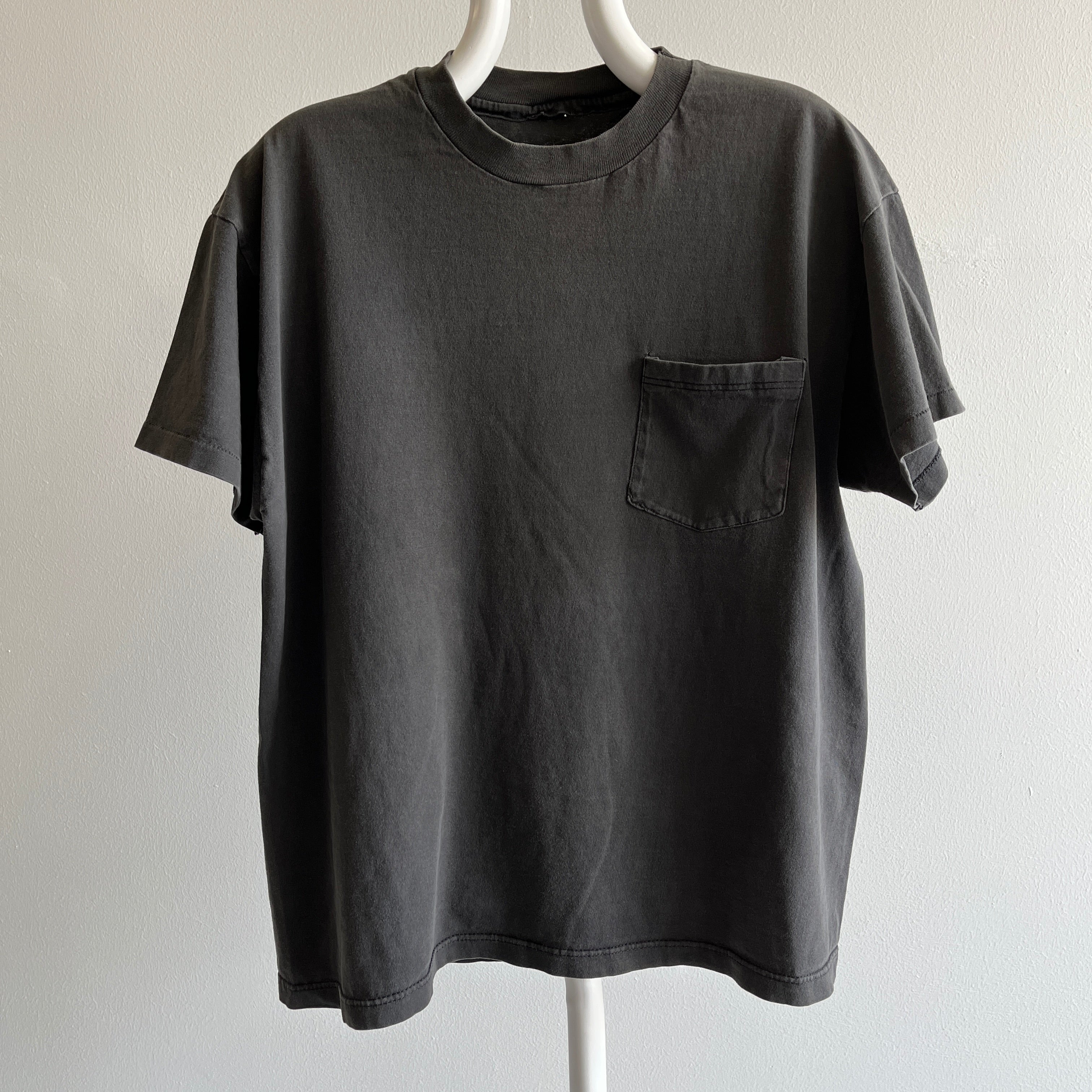 1990s Perfectly Faded Blank Black Cotton Pocket T-Shirt