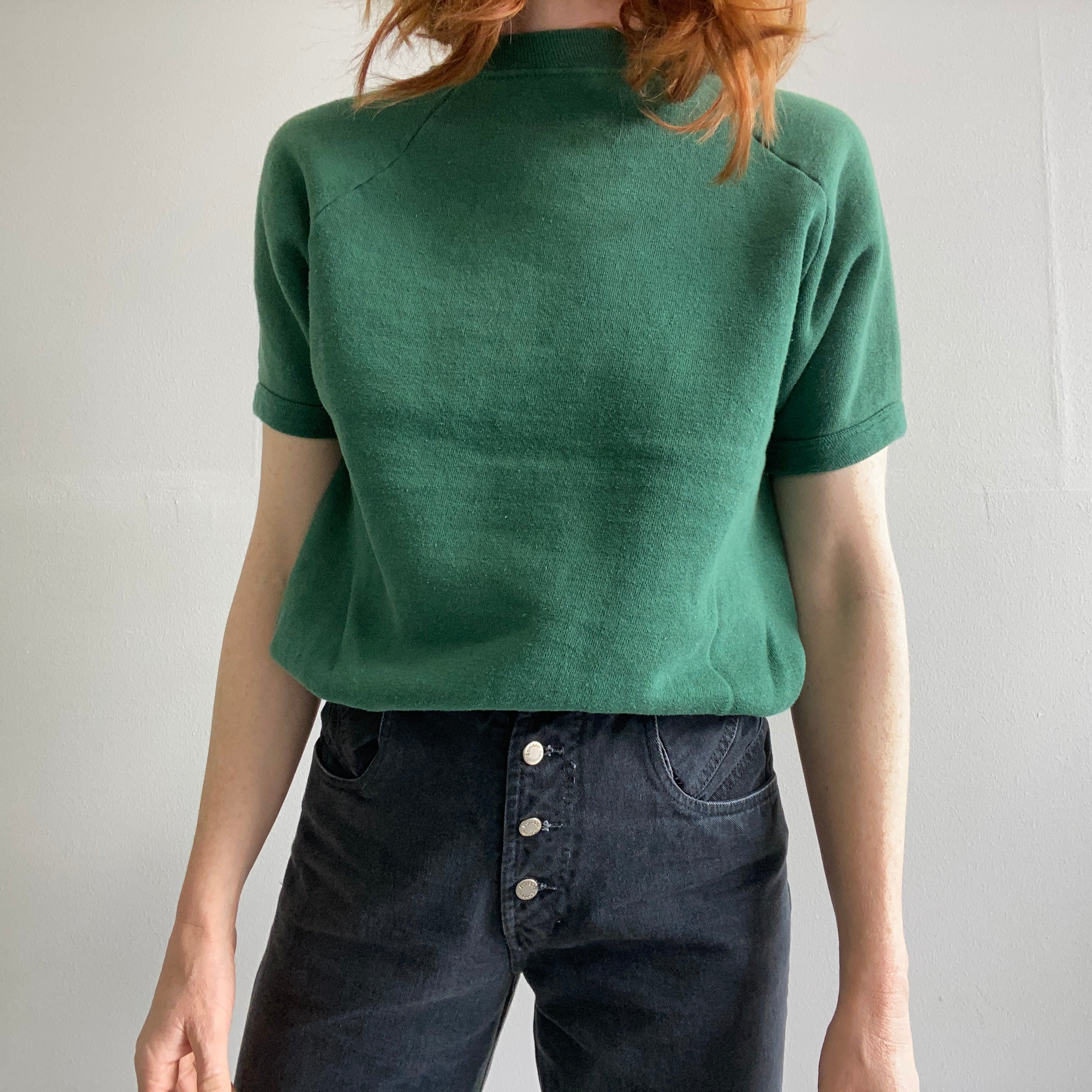 1970s Faded Dark Green Warm Up with Rolled Sleeve Hems - Cozy!