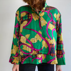 1980/90s Saks Fifth Avenue Fancy Silk Buttoned Jacket with Shoulder Pads and Pockets - WOW