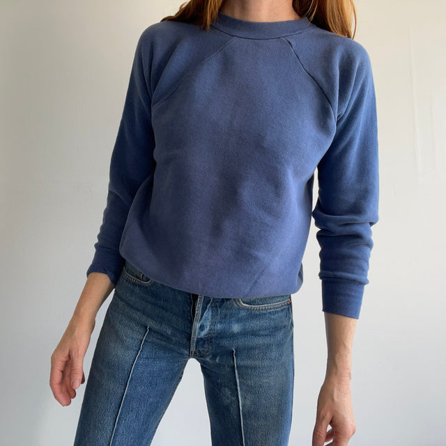 1970s Faded "Dusty Blue" Structured Mostly Cotton Raglan - Smaller Size