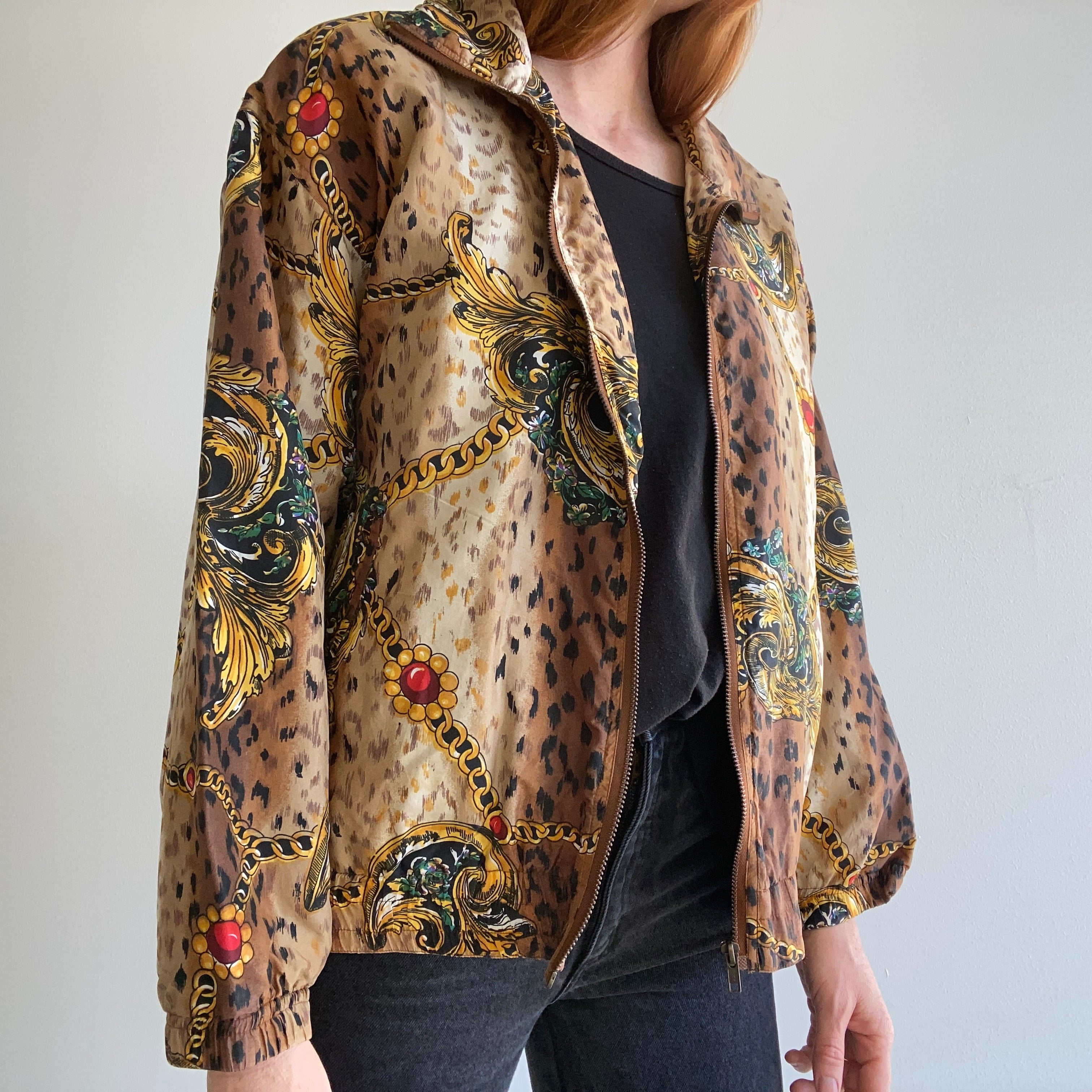 1980s Silk Fancy Animal Print and Bling Zip Up Jacket