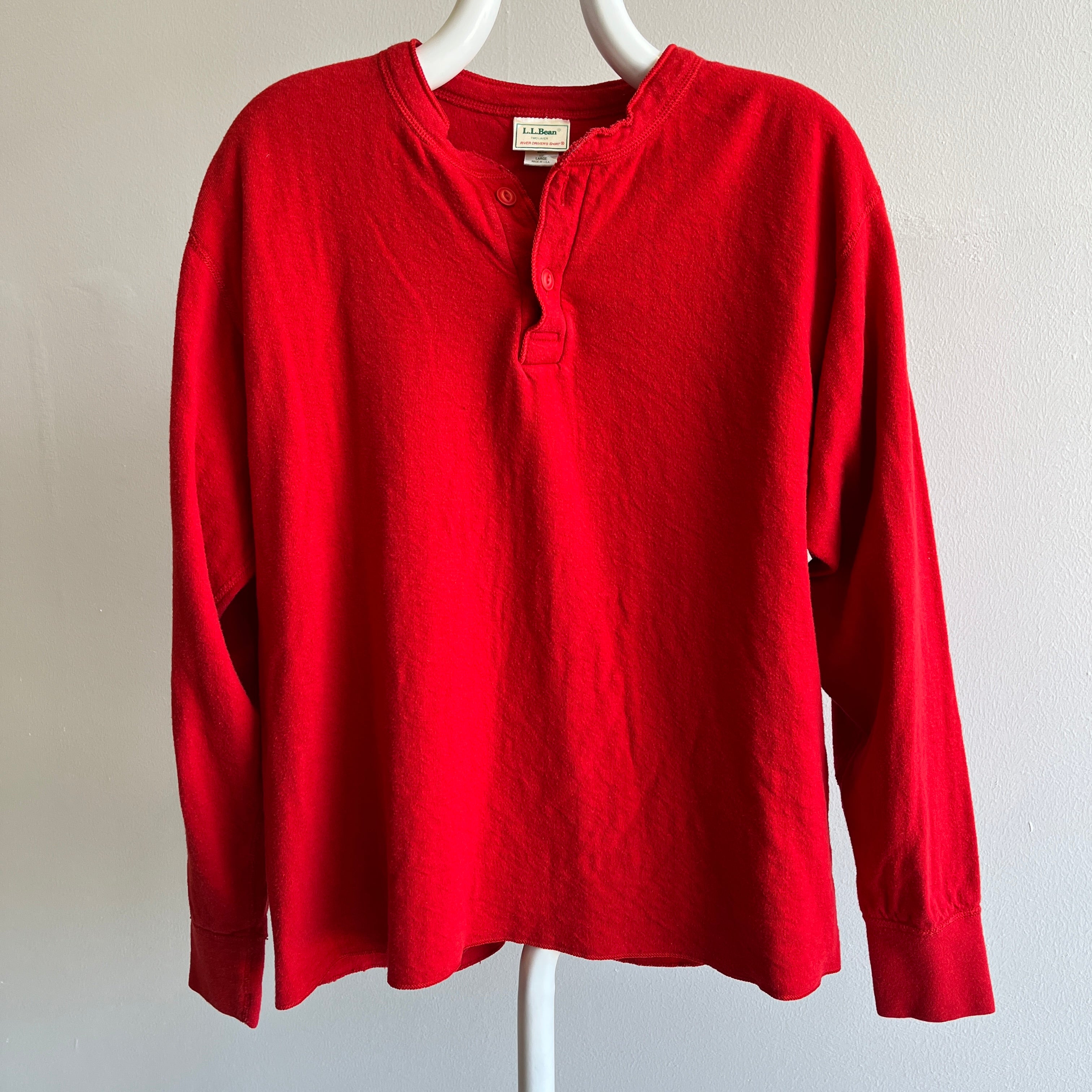 1990s LL Bean USA Made Red Thermal Henley Long Sleeve