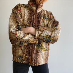 1980s Silk Fancy Animal Print and Bling Zip Up Jacket