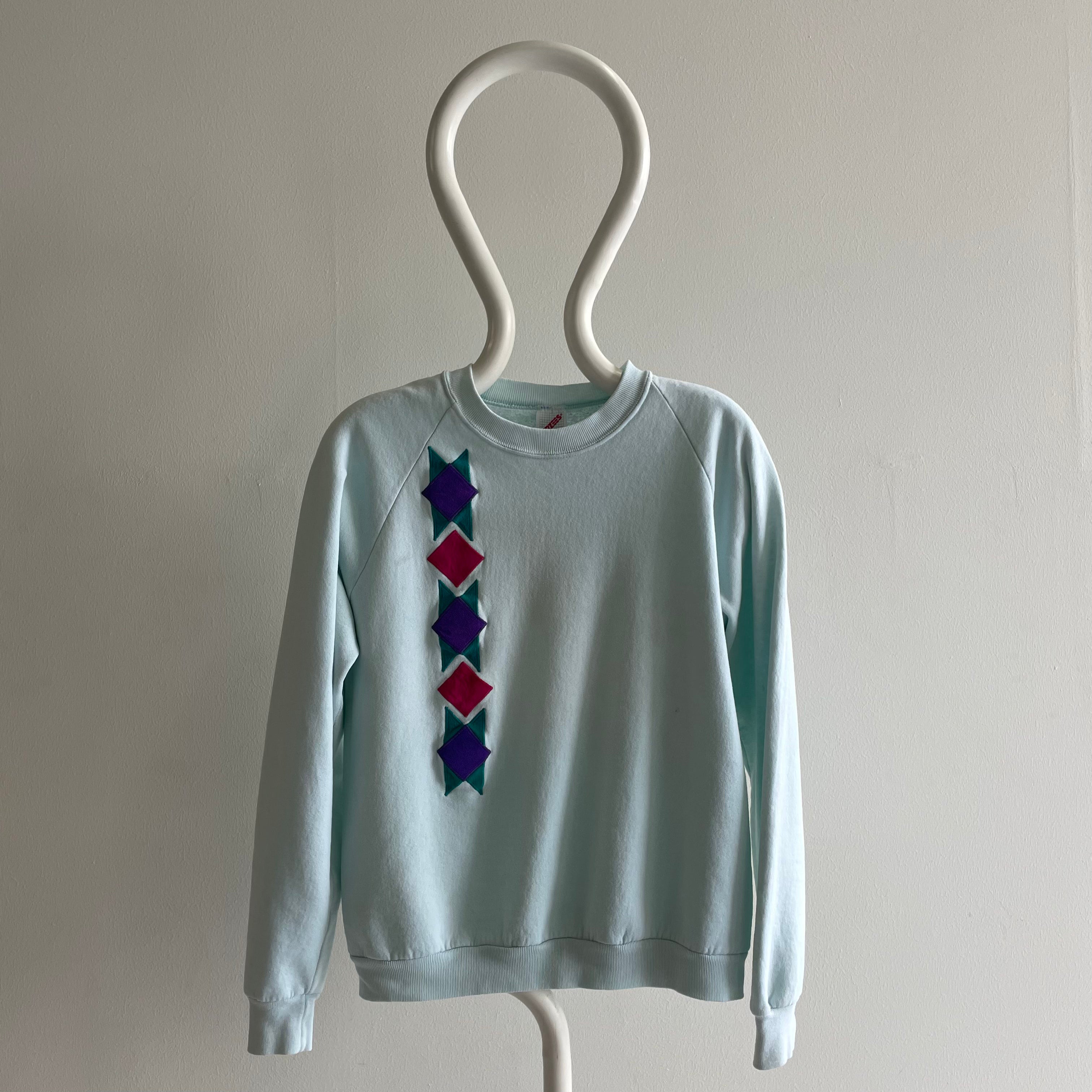 1980s Faded Seafoam Green + Ultra Suede Shapes Sweatshirt