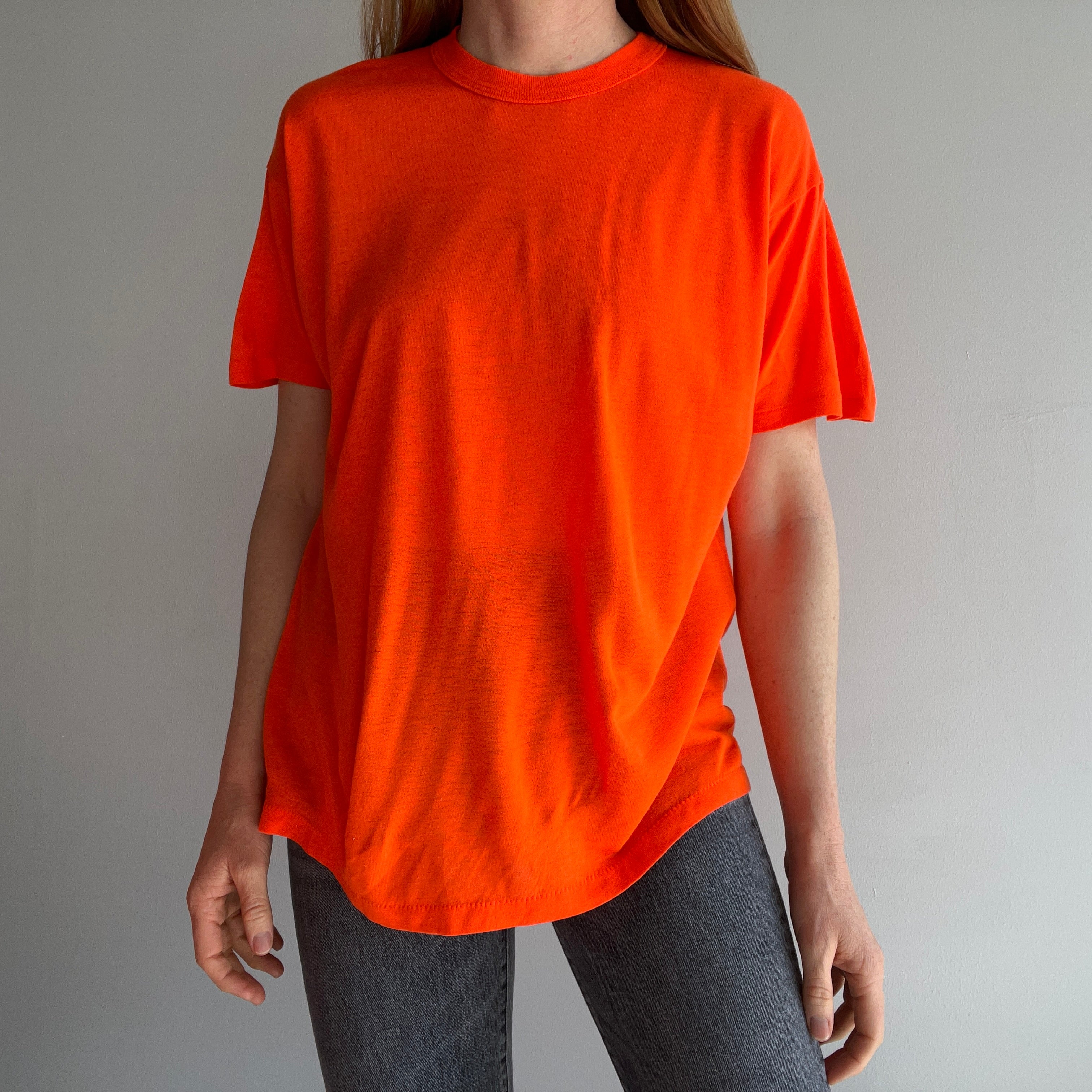 T-shirt orange fluo très doux des années 1980